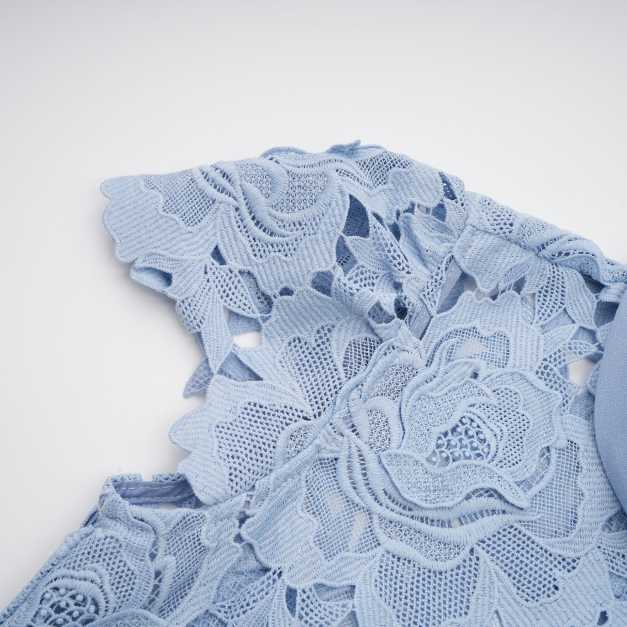 فستان متوسط الطول من الدانتيل مزين بالورود باللون الأزرق من تصميم Aurore