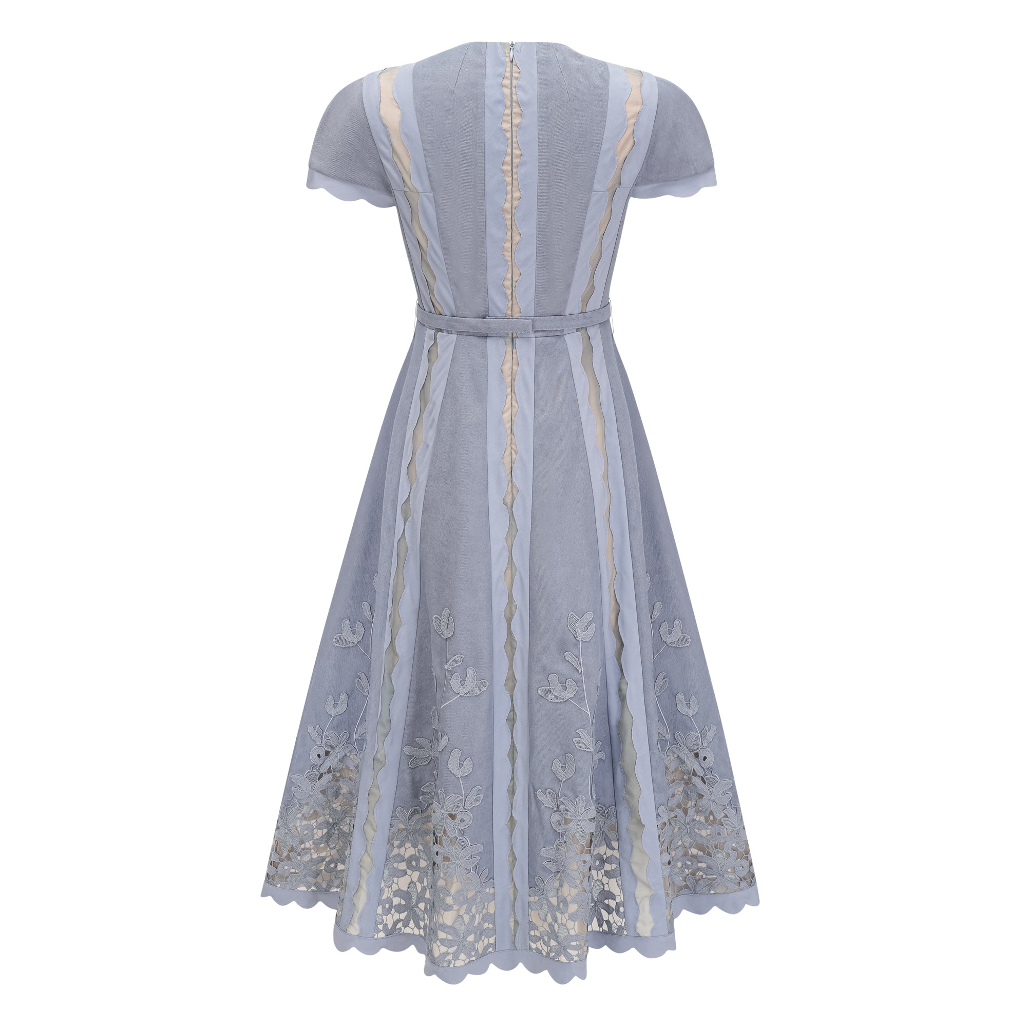 Amália Blue Scalloped Floral Embroidered Midi Dress