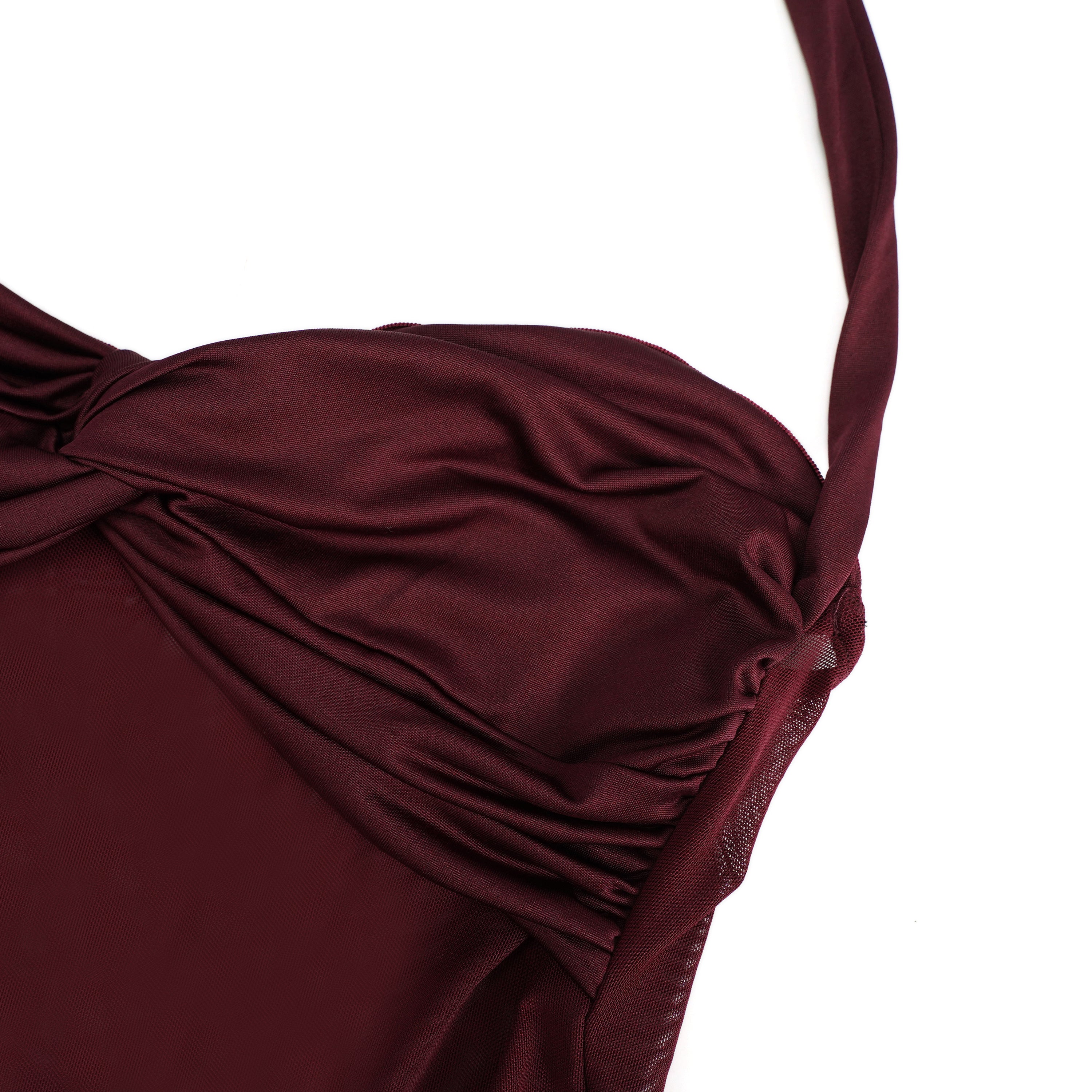 Amandine Burgunderfarbenes Neckholder-Maxikleid mit Raffungen