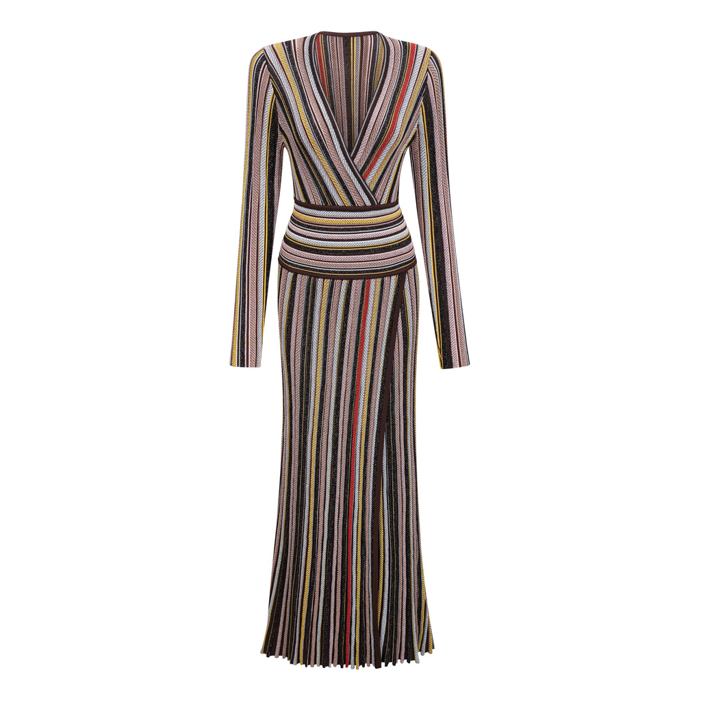 VALHALLA BROWN STRIPED WOVEN MIDI DRESS