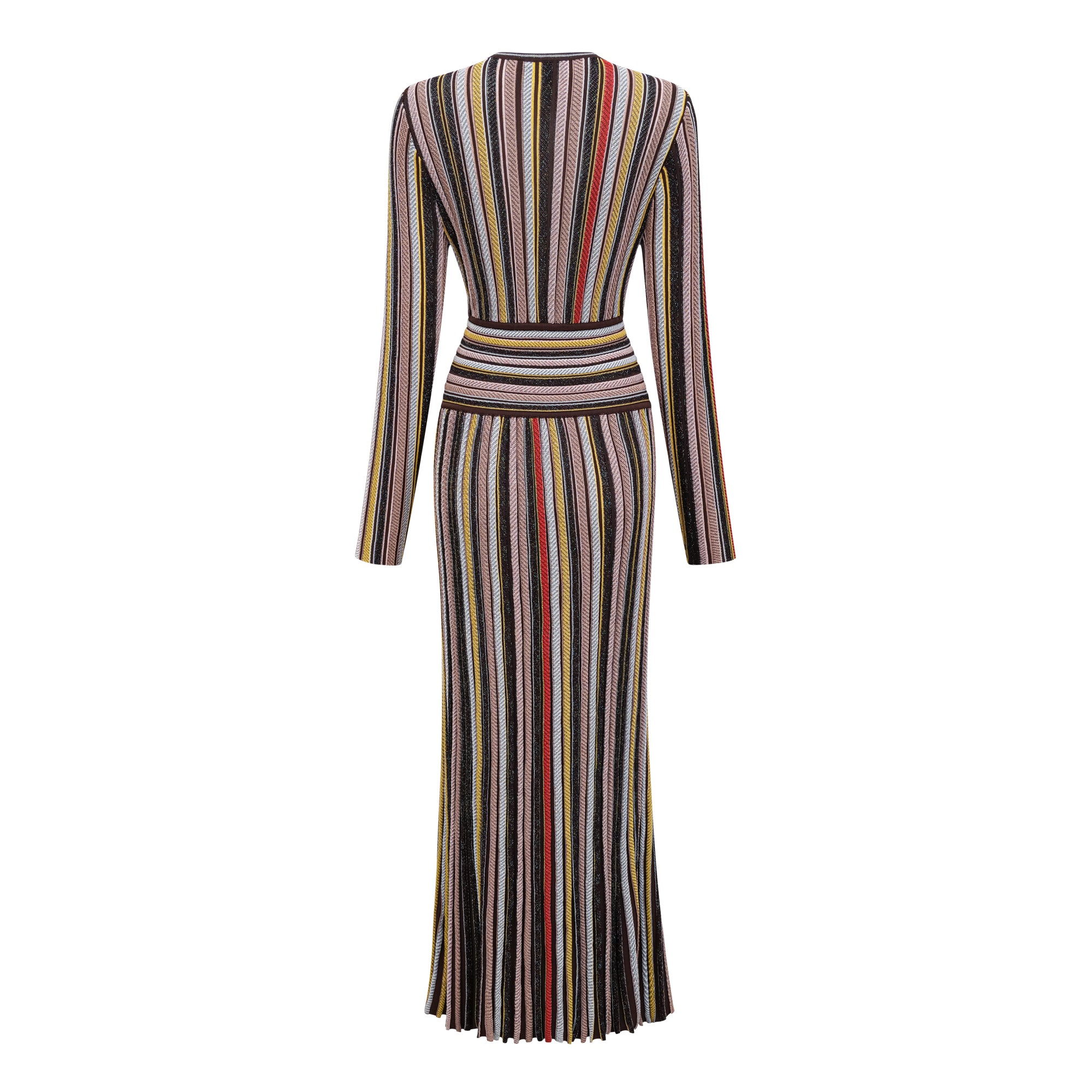 فستان فيبي براون متوسط الطول محبوك بخطوط عمودية