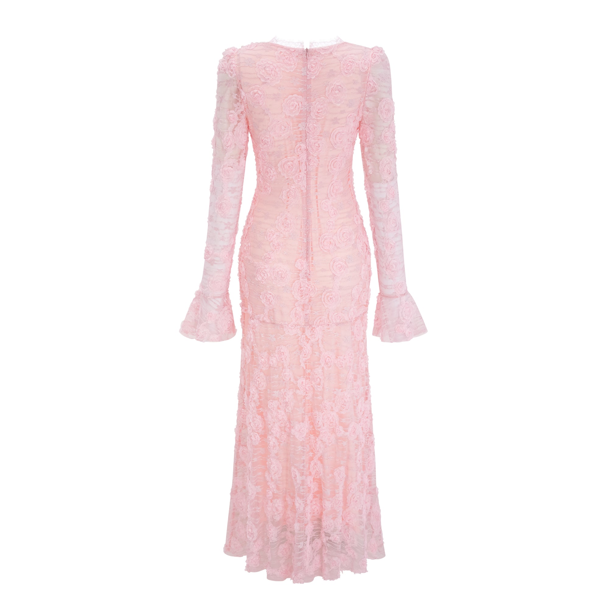 Branwen Pink 3D-Floral Embroidered Lace Maxi Dress