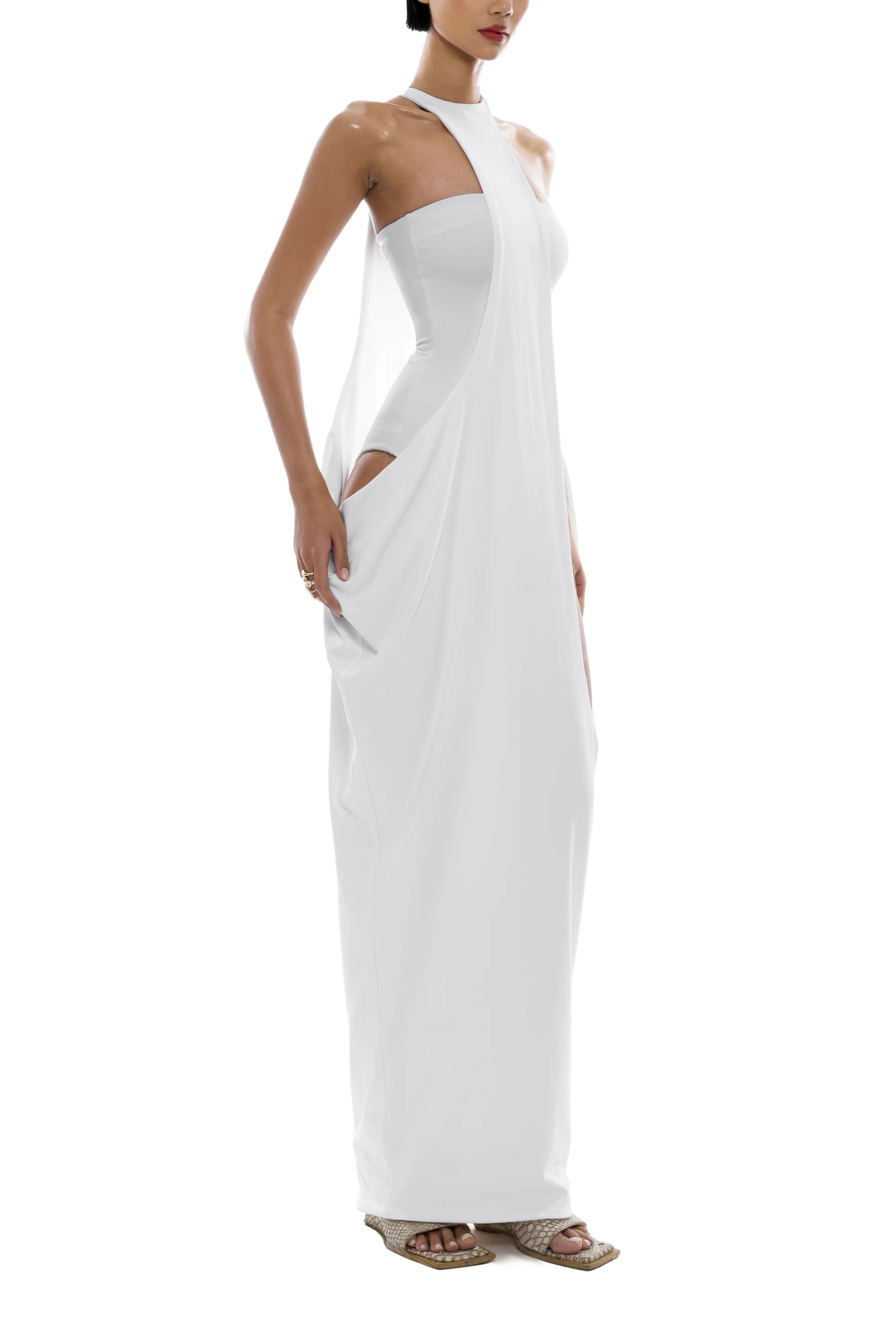 White Halter Neck Draped Maxi Dress