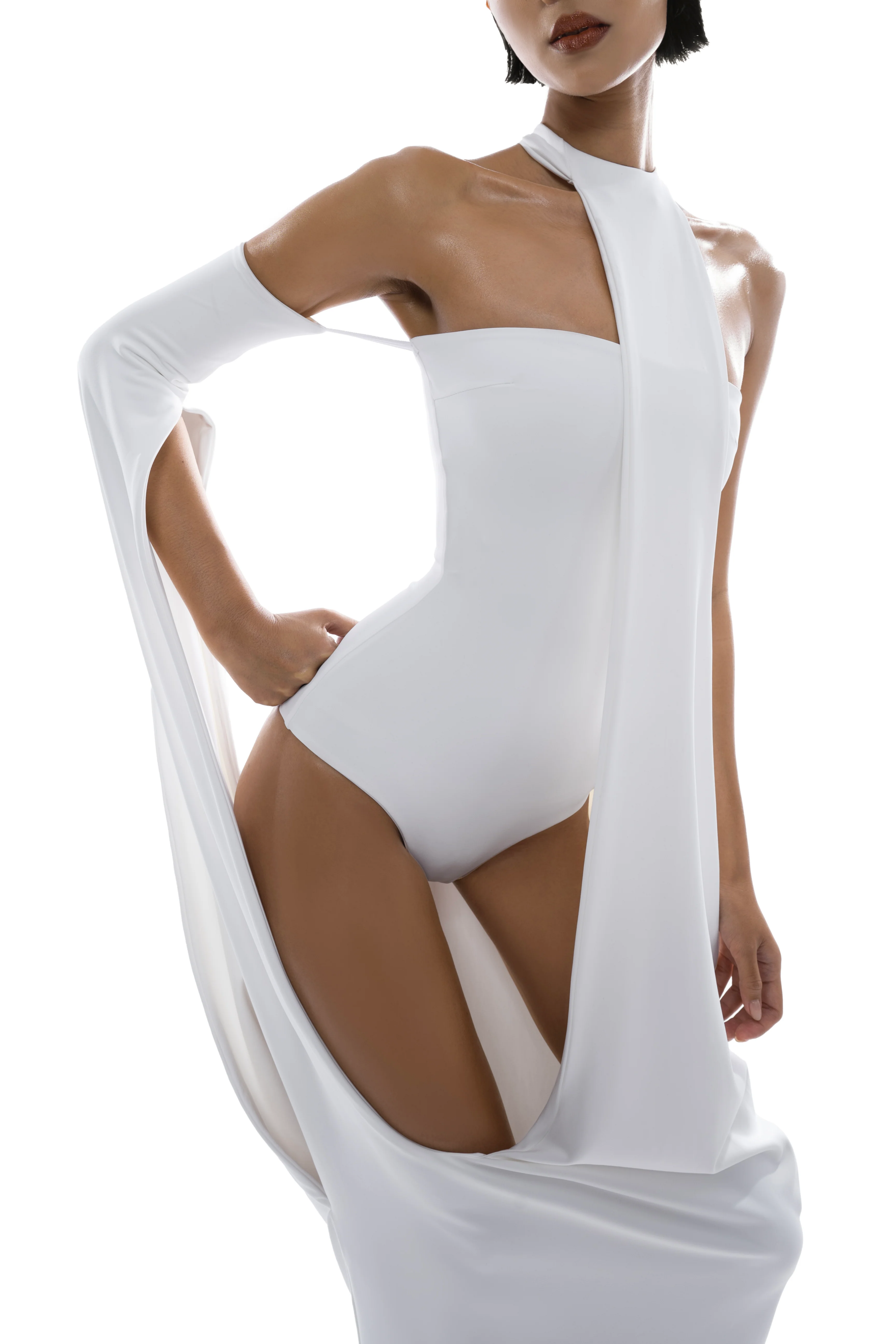 White Halter Neck Draped Maxi Dress