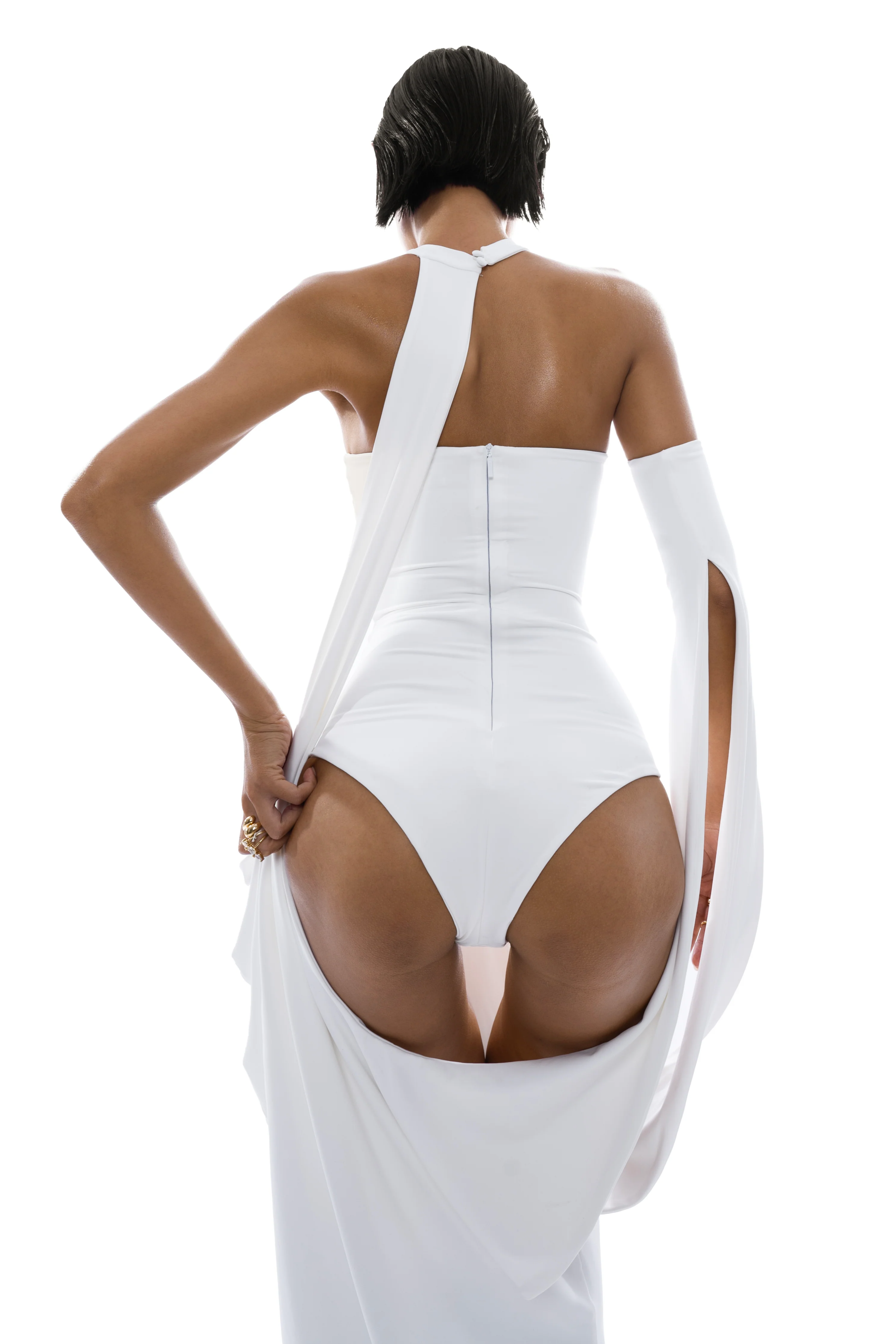 White Halter Neck Draped Maxi Dress