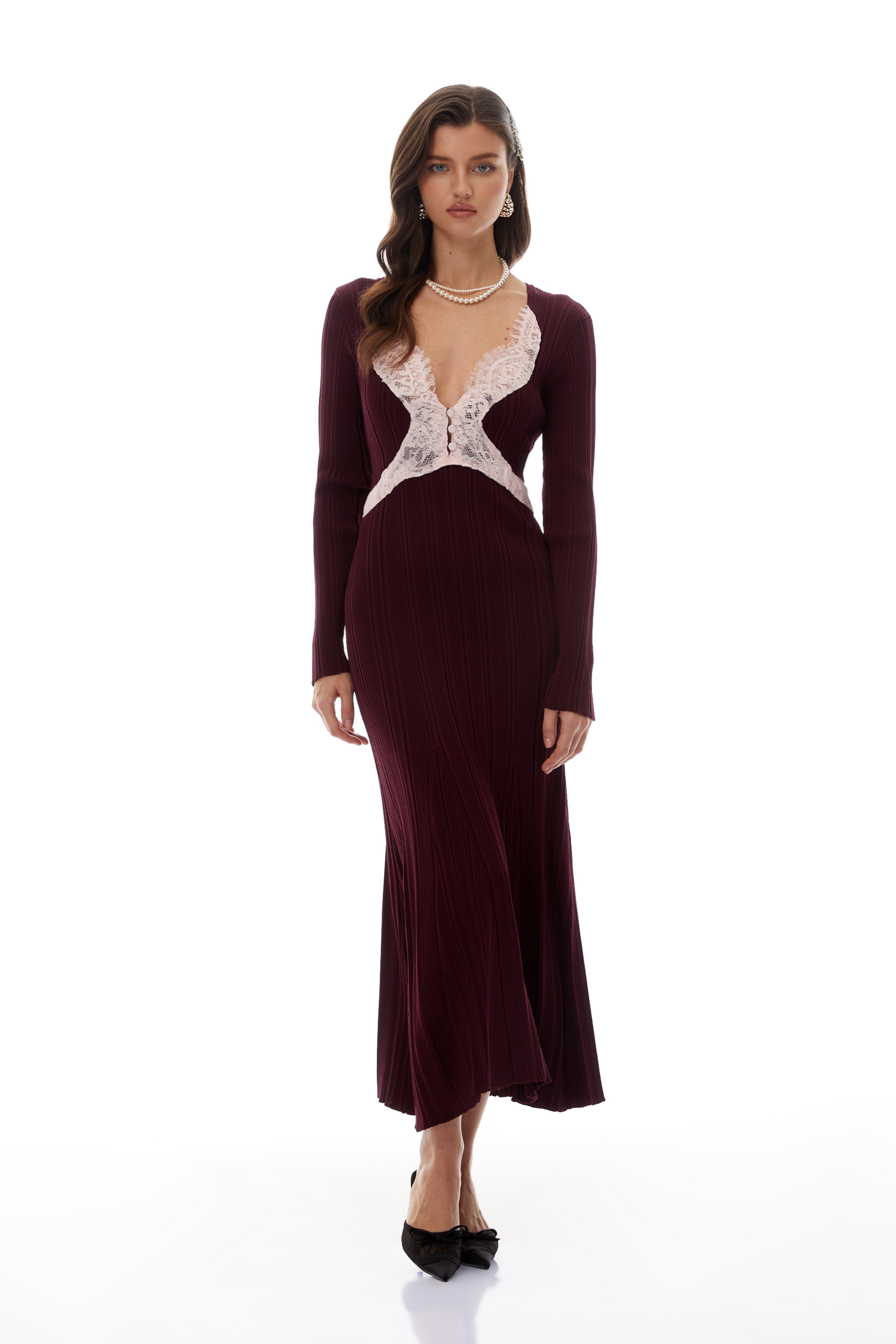 Dagný Burgundy Lace Trim Knit Midi Dress