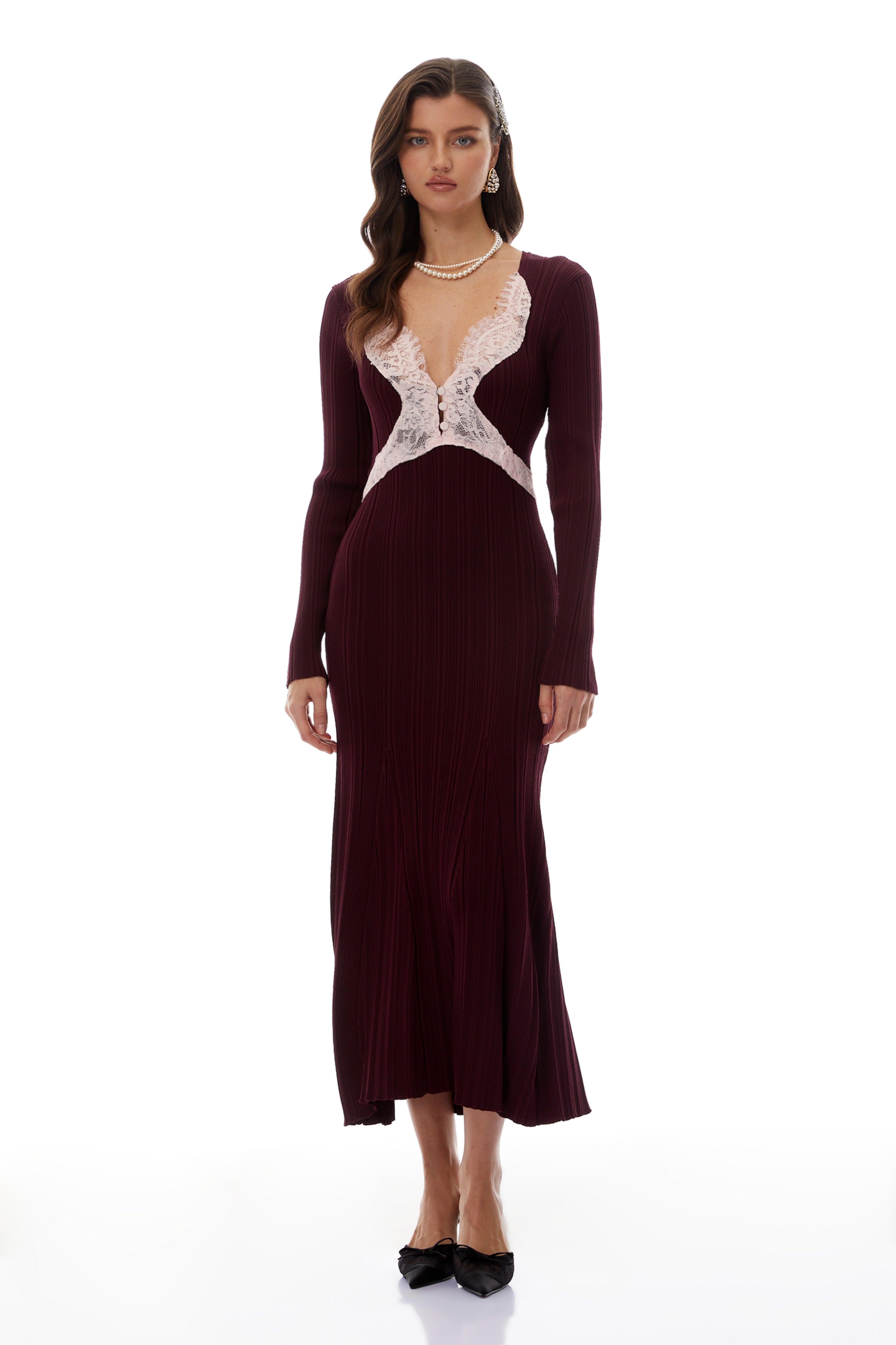 Dagný Burgundy Lace Trim Knit Midi Dress