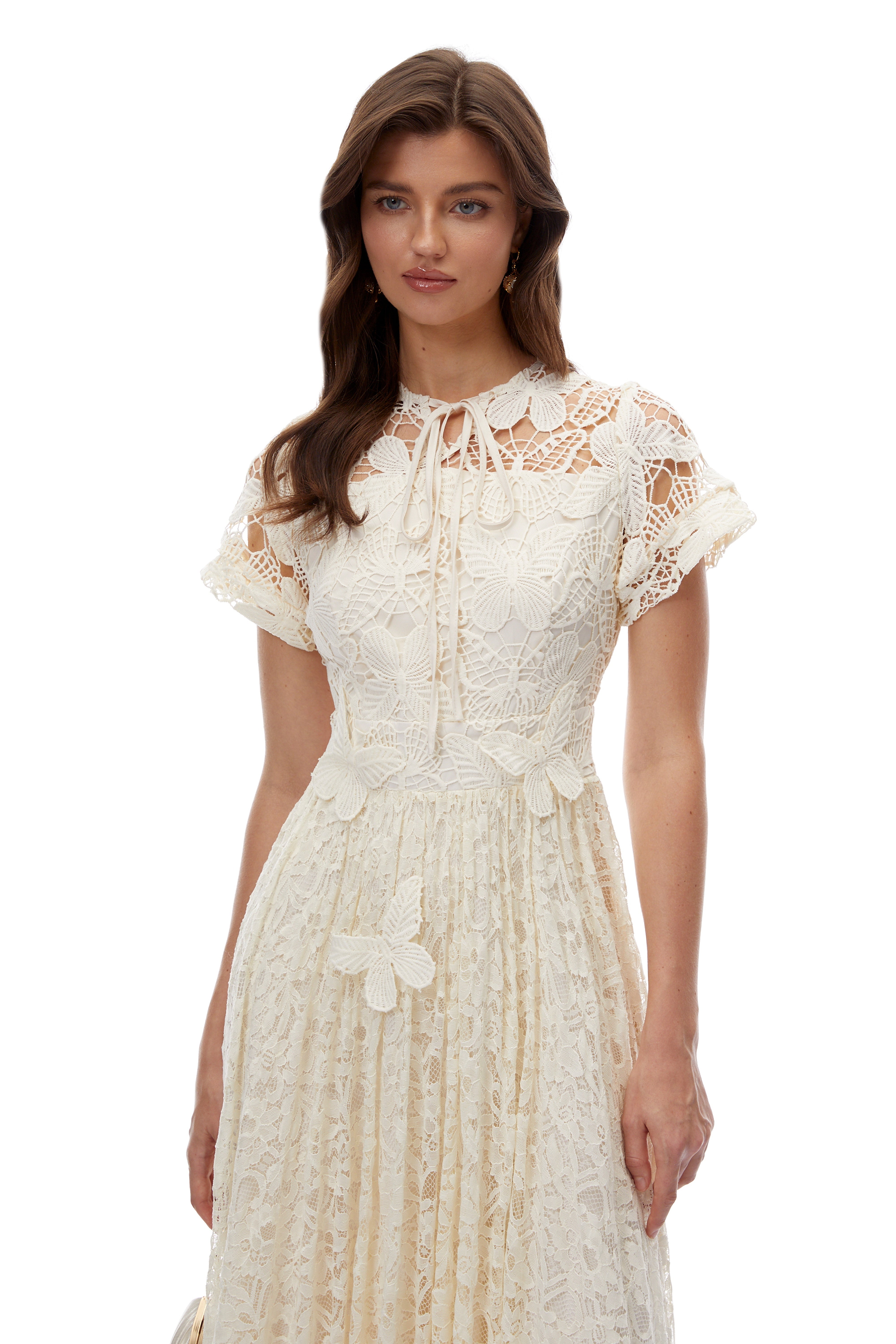 Dahlia White Floral Lace Maxi Dress with Butterfly Applique