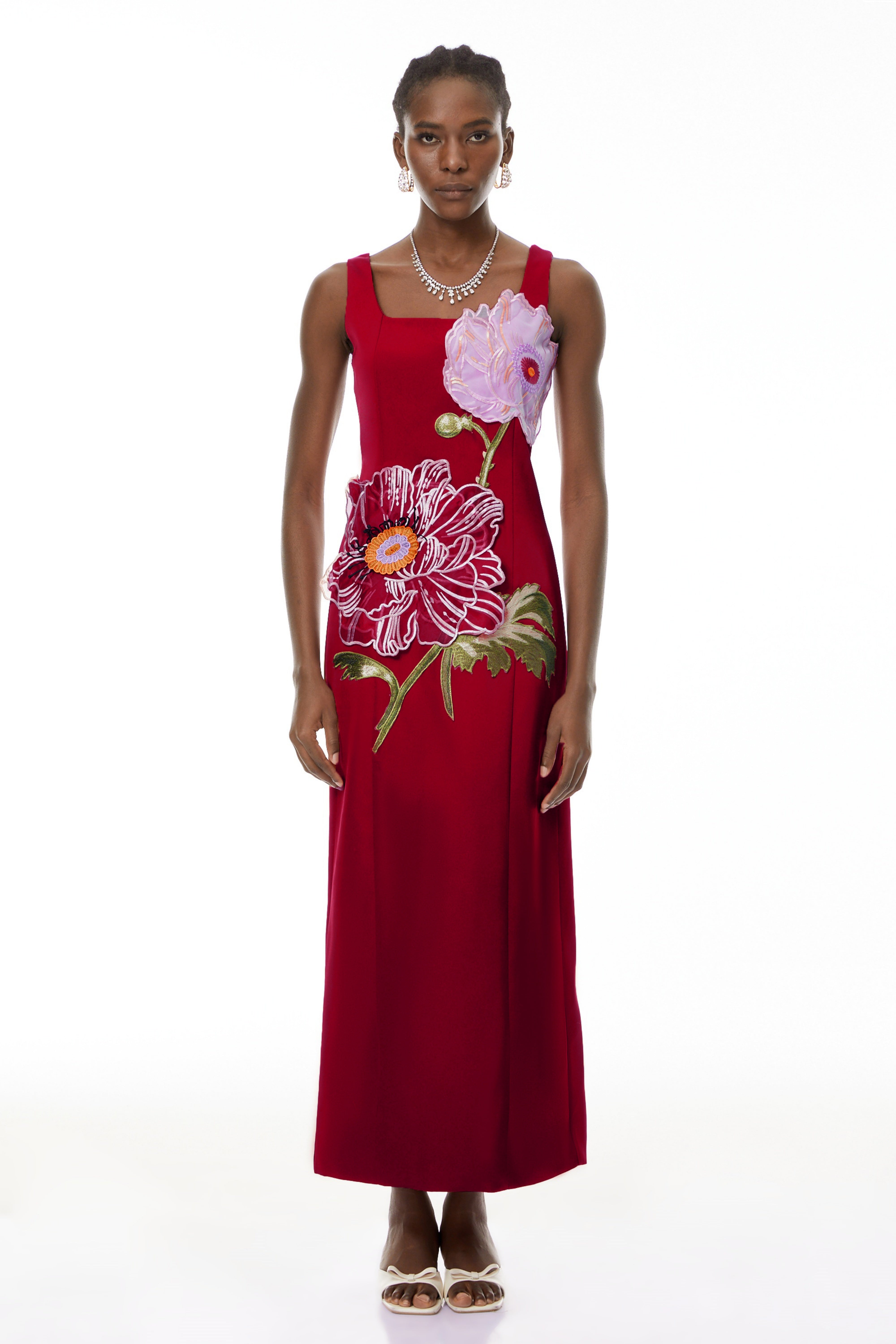 Damaris Red Floral Embroidered Maxi Dress