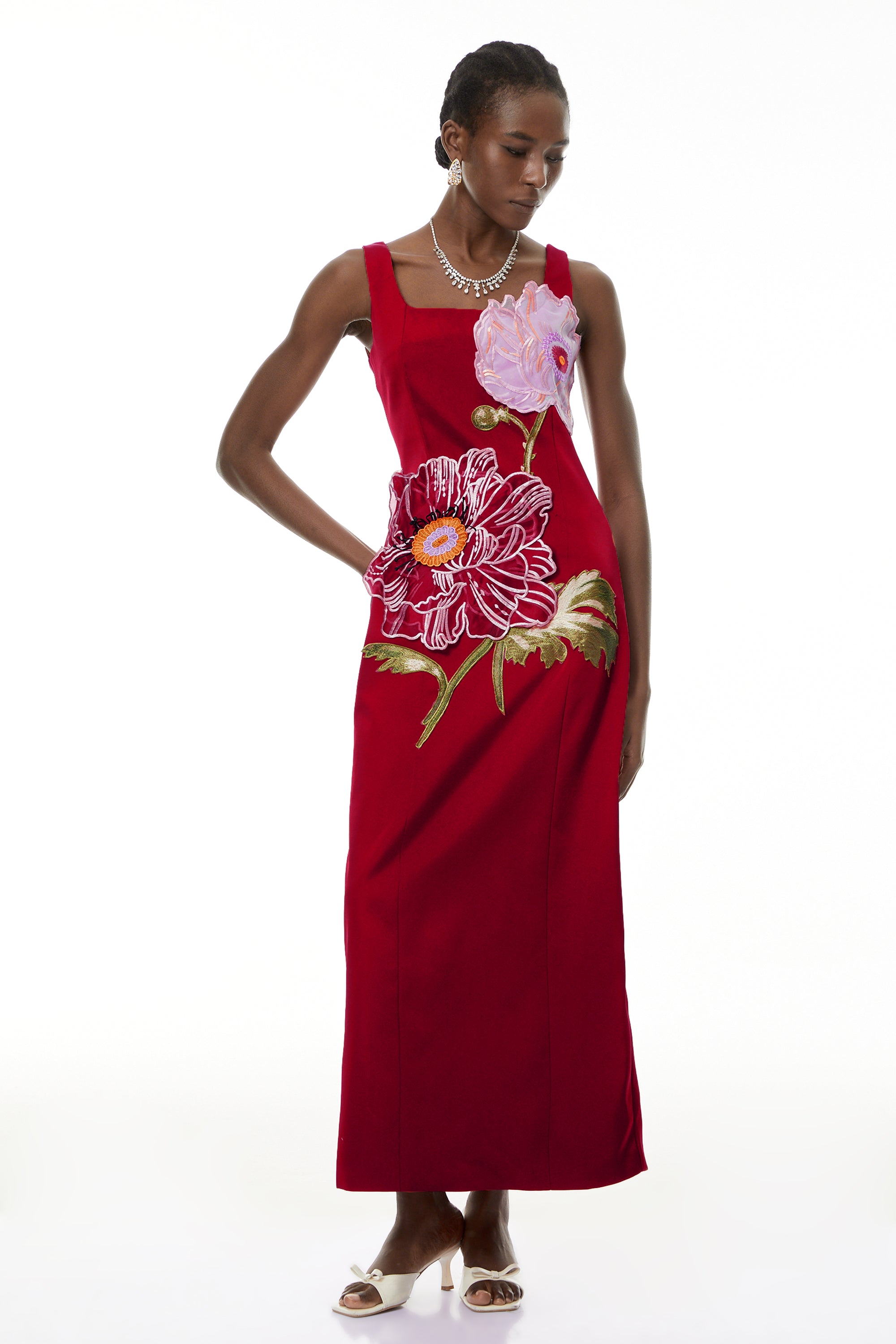 Damaris Red Floral Embroidered Maxi Dress