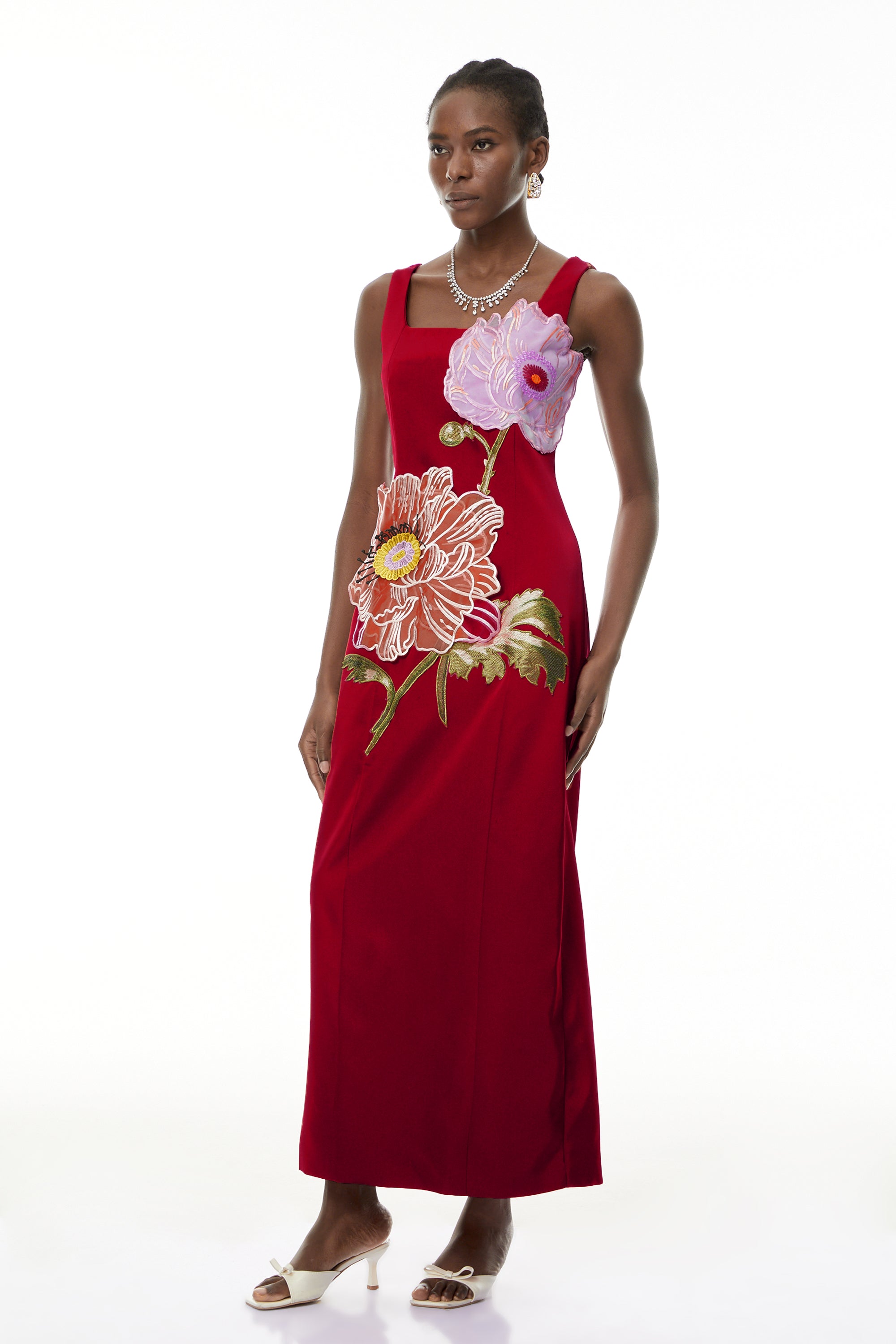 Damaris Red Floral Embroidered Maxi Dress