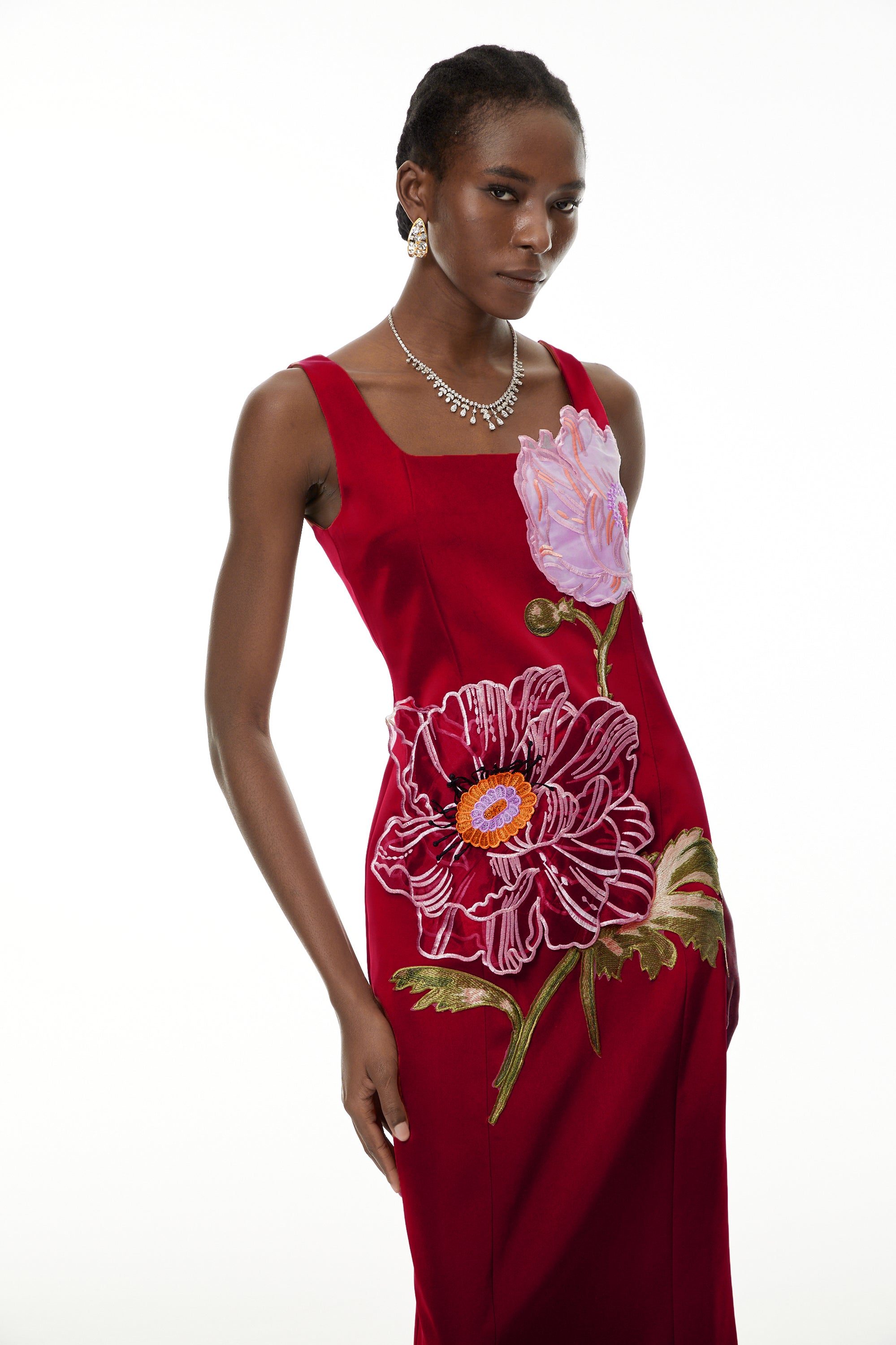 Damaris Red Floral Embroidered Maxi Dress
