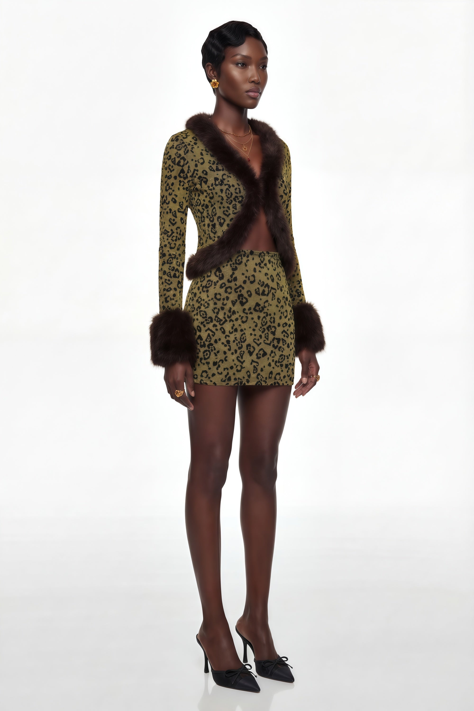 Danica Yellow Fur Trim Leopard Top & Skirt Set