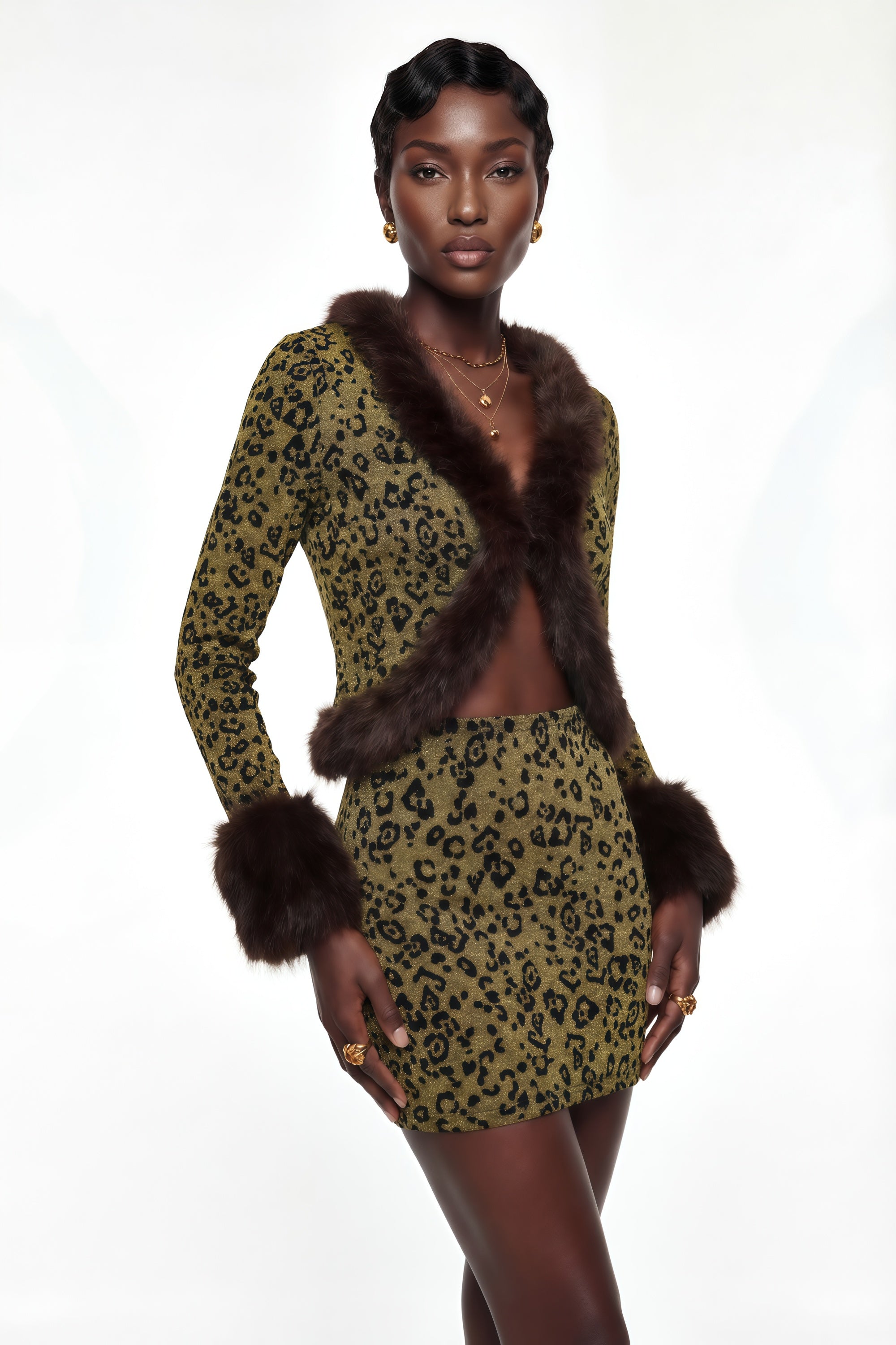 Danica Yellow Fur Trim Leopard Top & Skirt Set