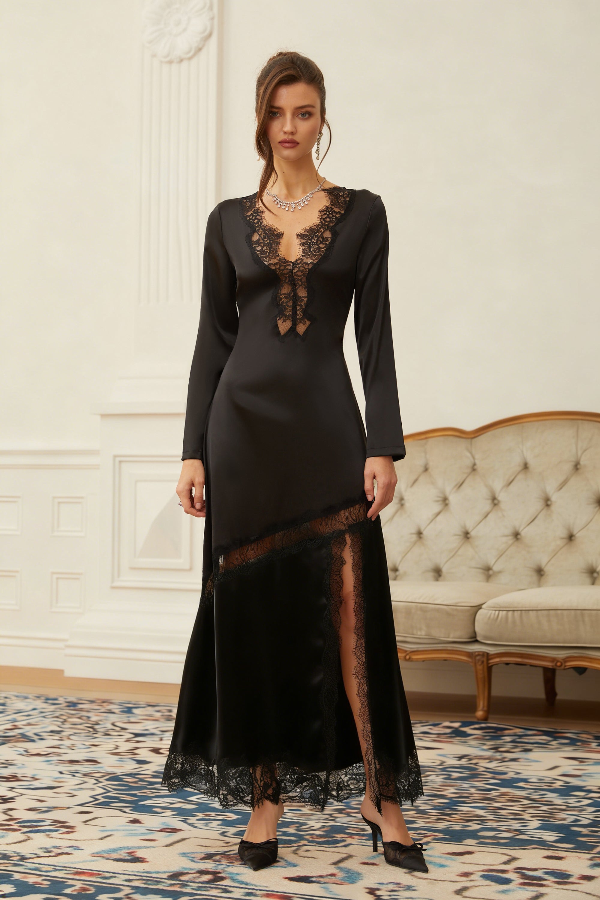 Raphaëlle Black Lace Panel Satin Midi Dress