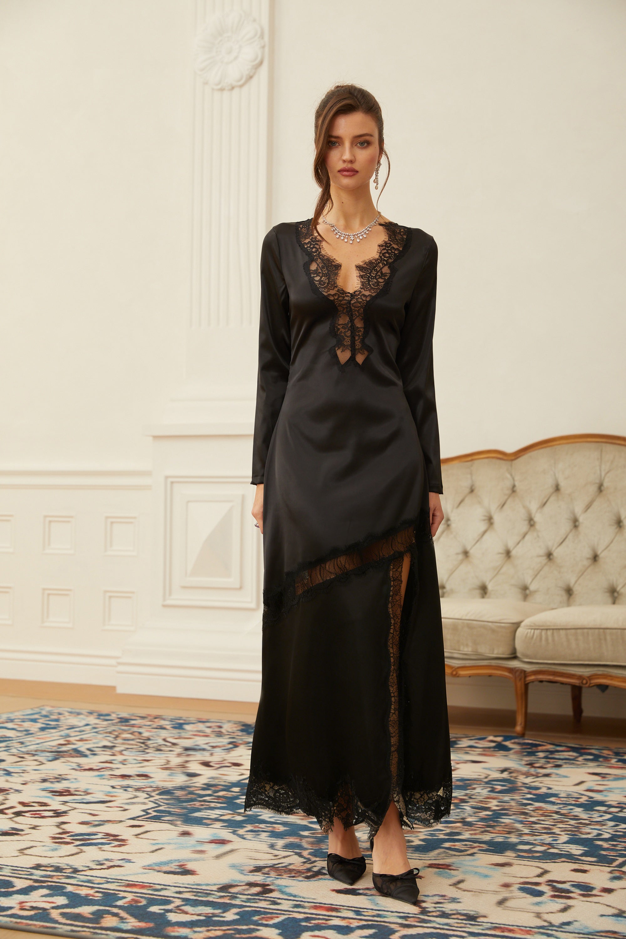 Raphaëlle Black Lace Panel Satin Midi Dress