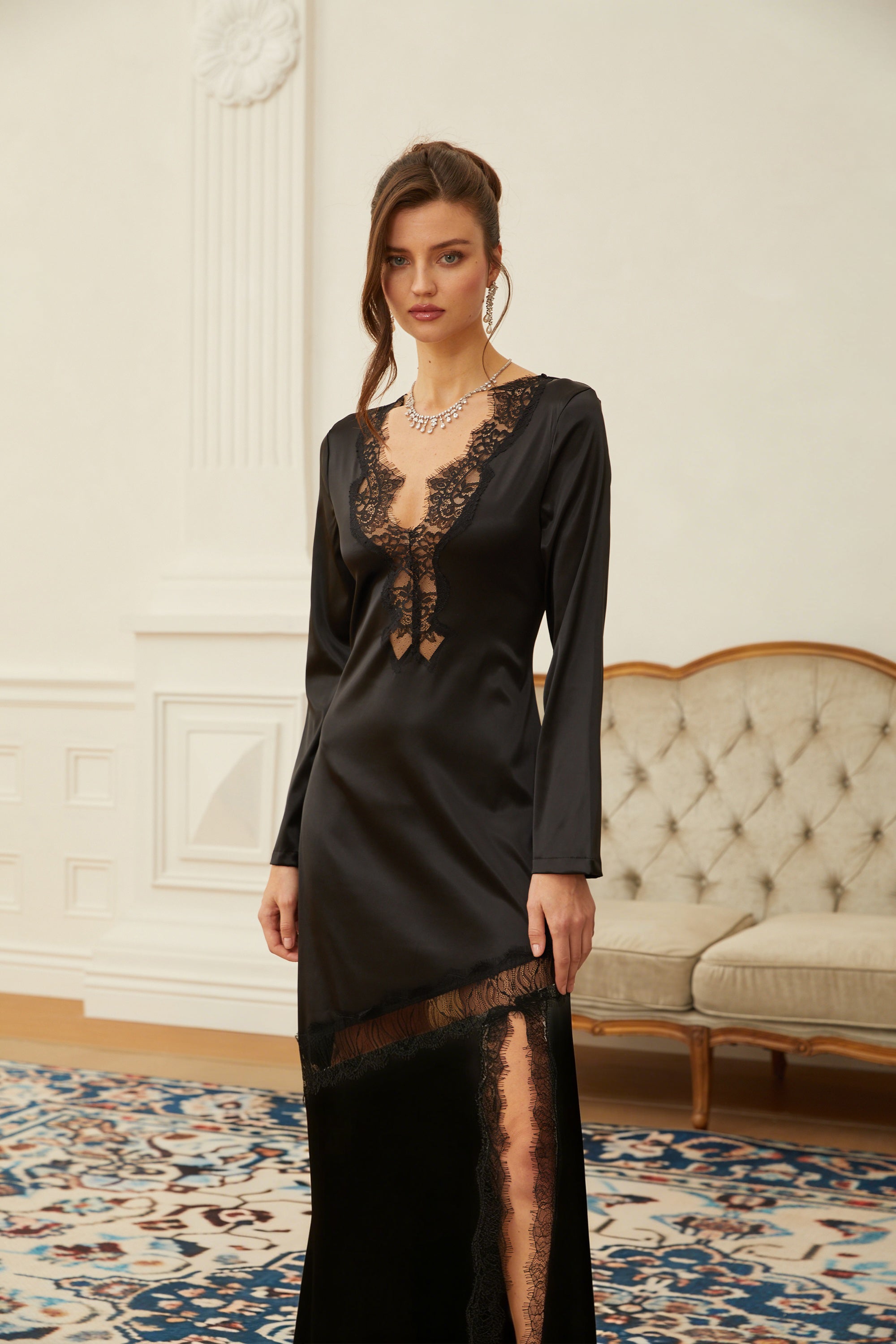 Raphaëlle Black Lace Panel Satin Midi Dress