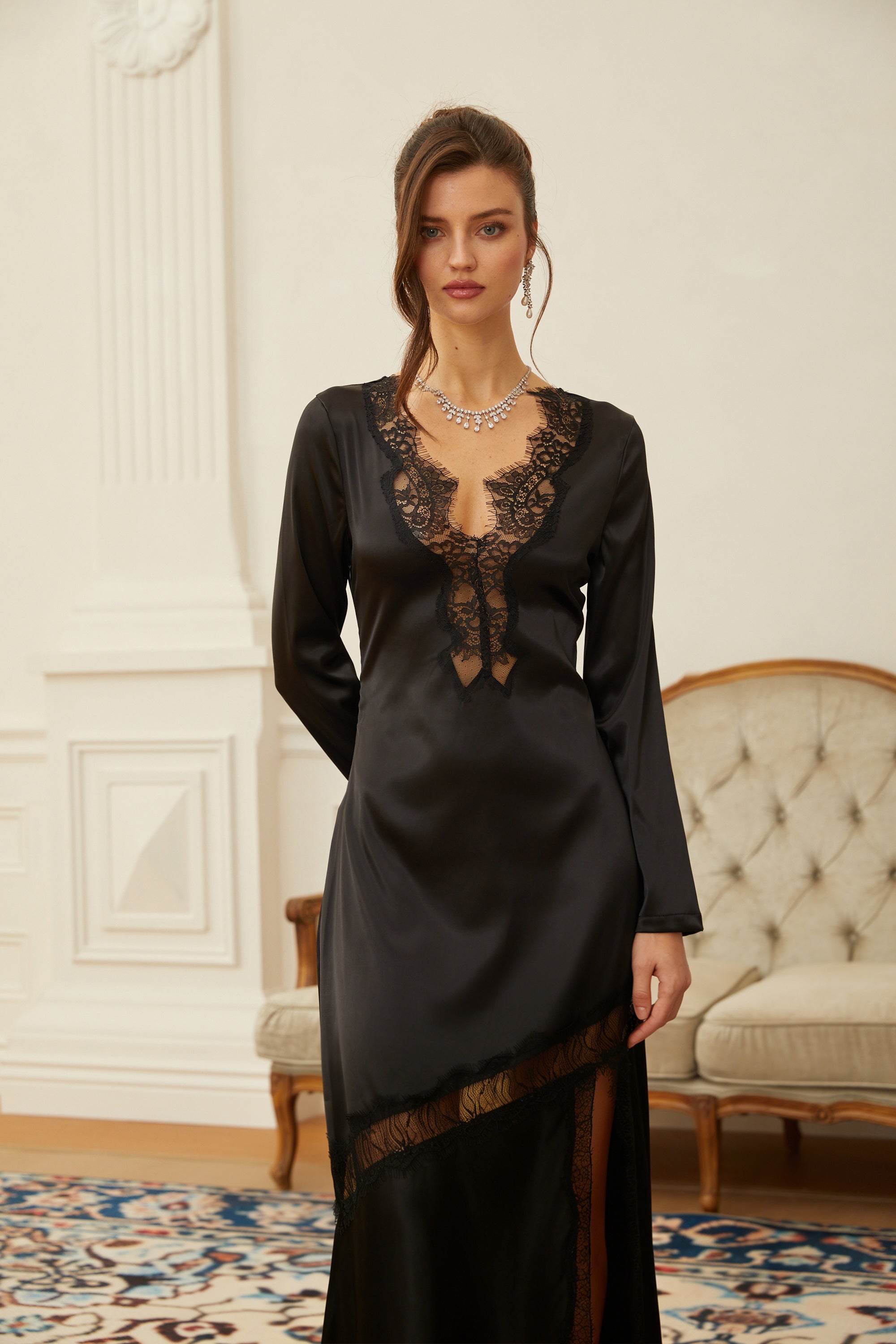 Raphaëlle Black Lace Panel Satin Midi Dress