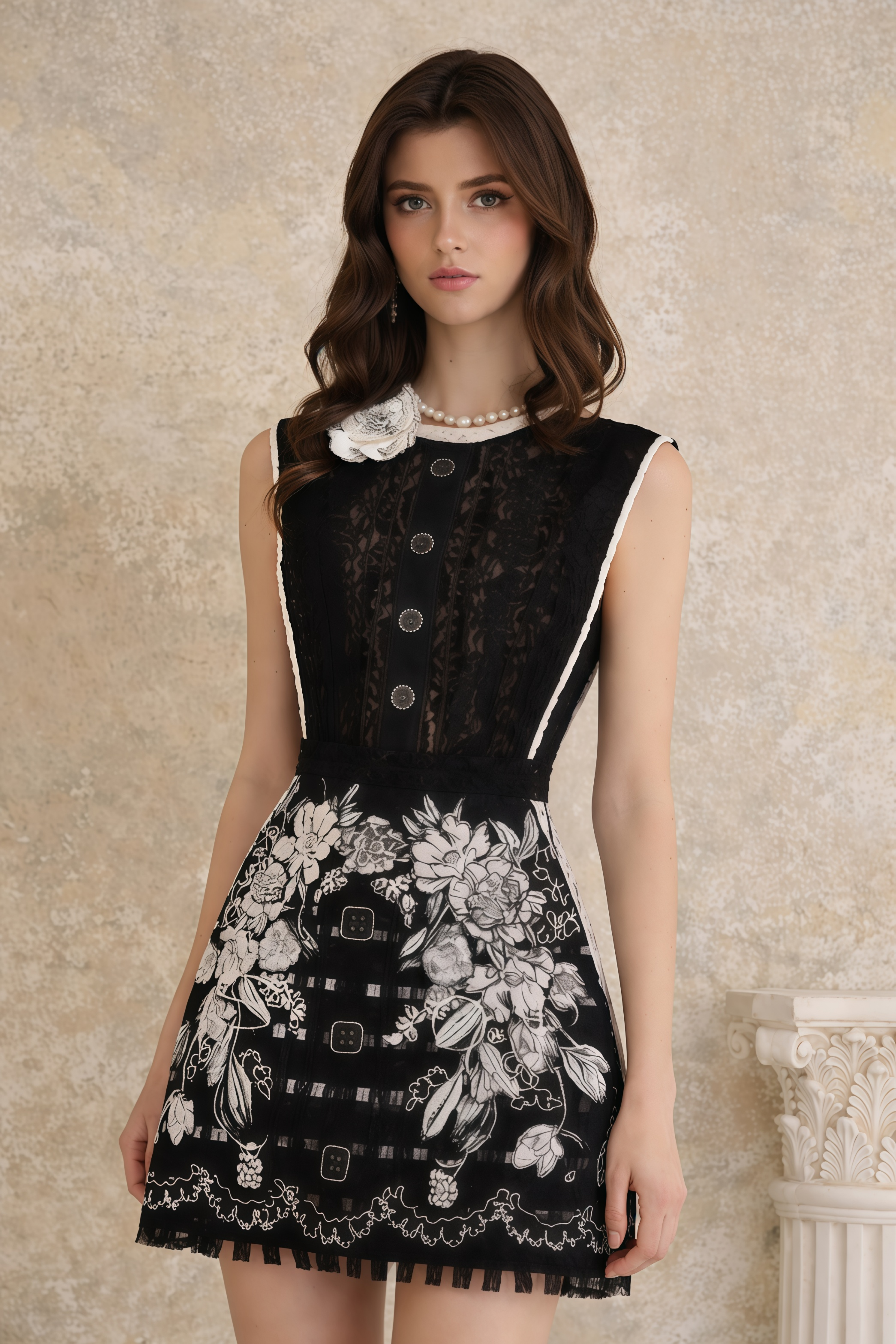 Daphné Black Mini Dress with Floral Embroidered