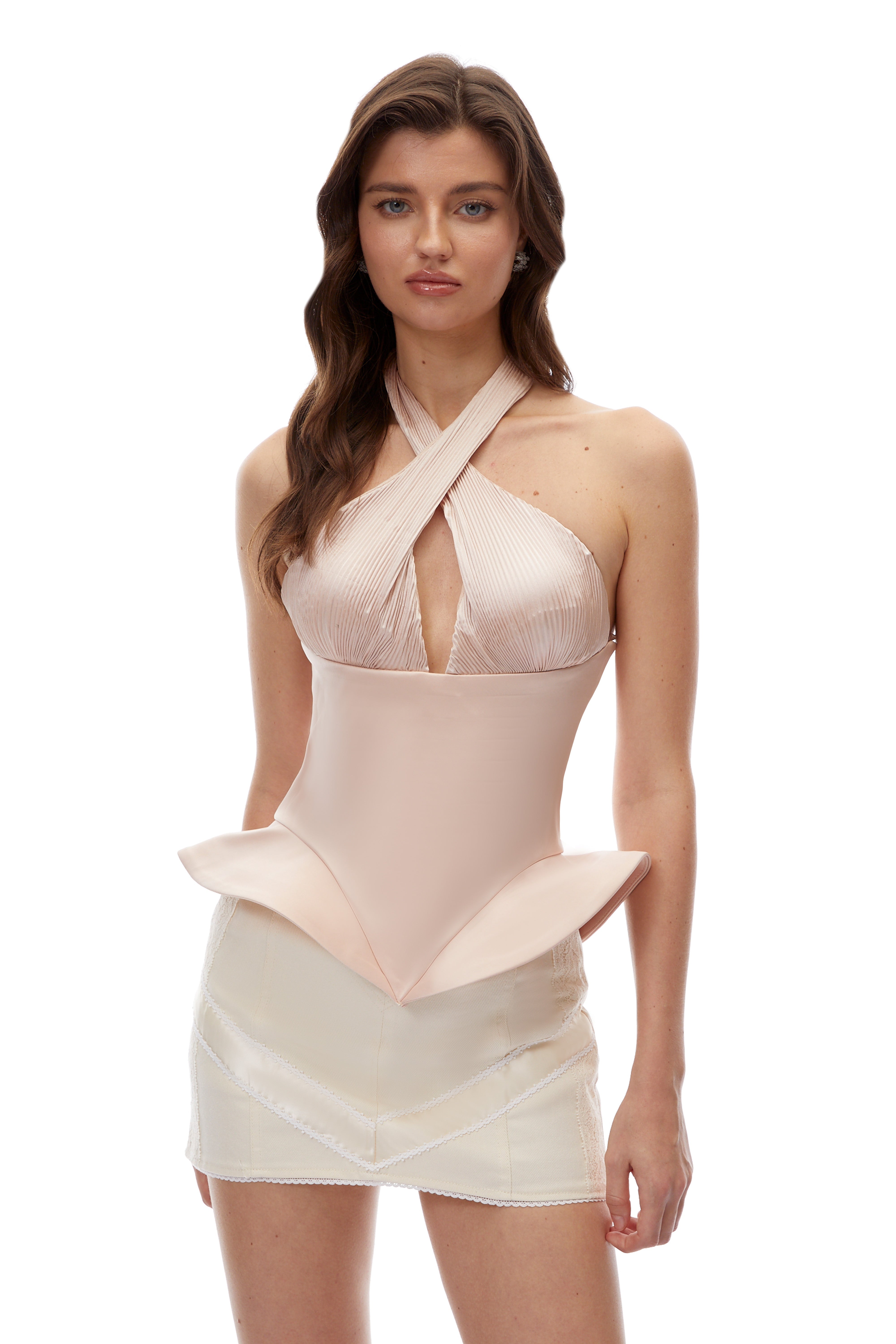 Daphne Pink Halterneck Cross Pleated Top