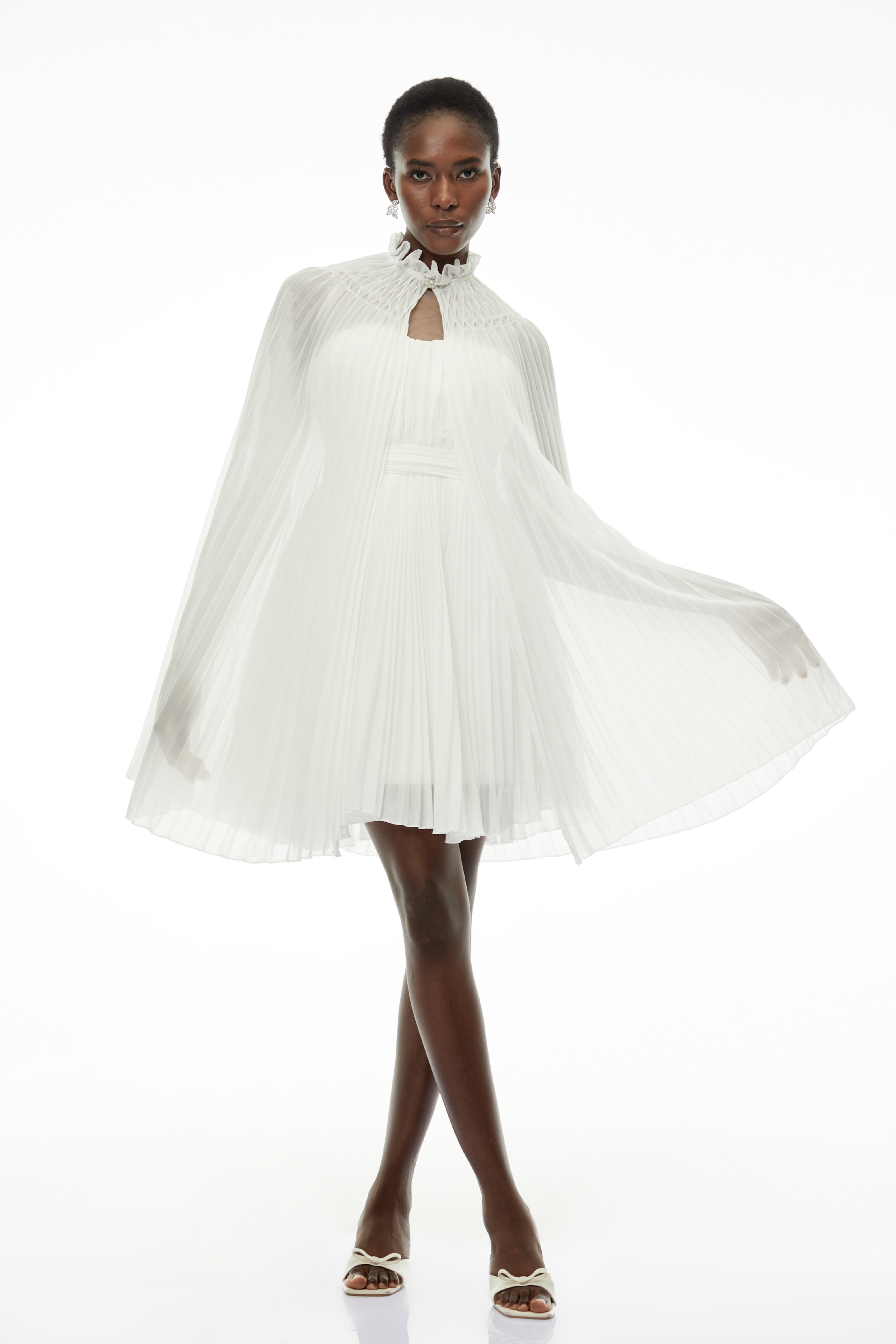 Daphne White High Neck Pleated Dress & Cape Set