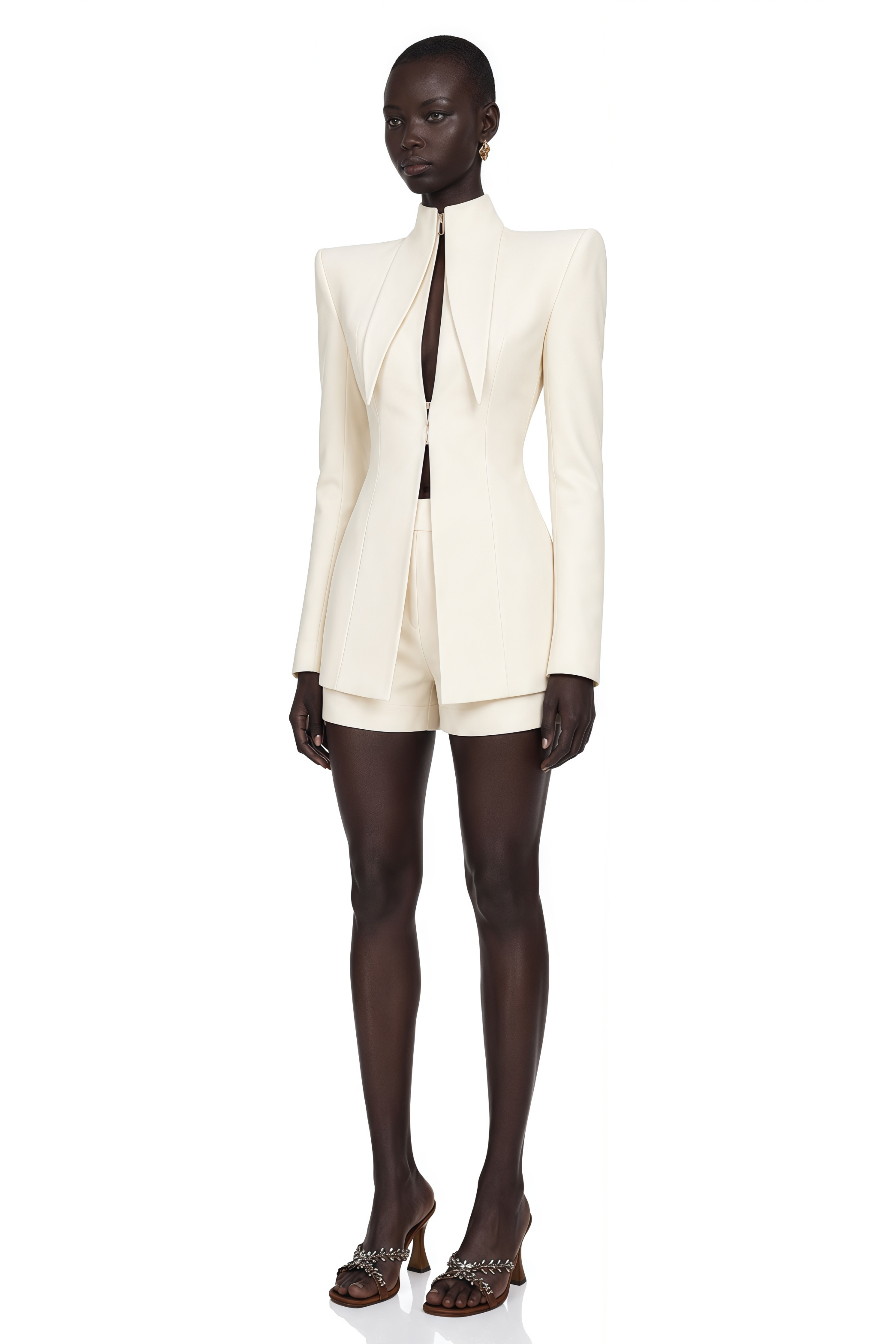 Darcy Ivory Power Shoulder Blazer & Shorts Set with Wingtip Collar
