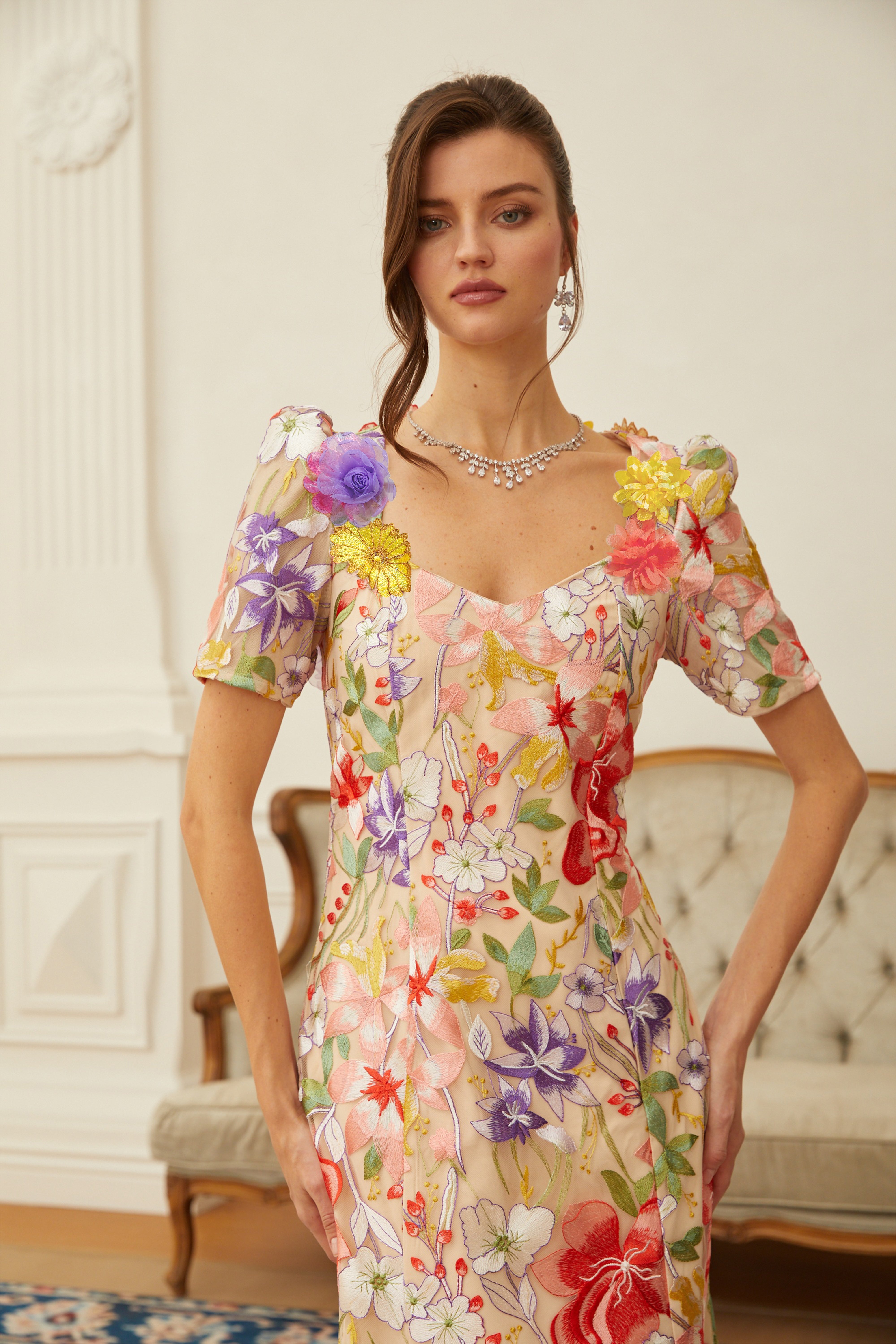 Darcy Neutral Floral Embroidered Tulle Midi Dress (Final Sale-US Only)
