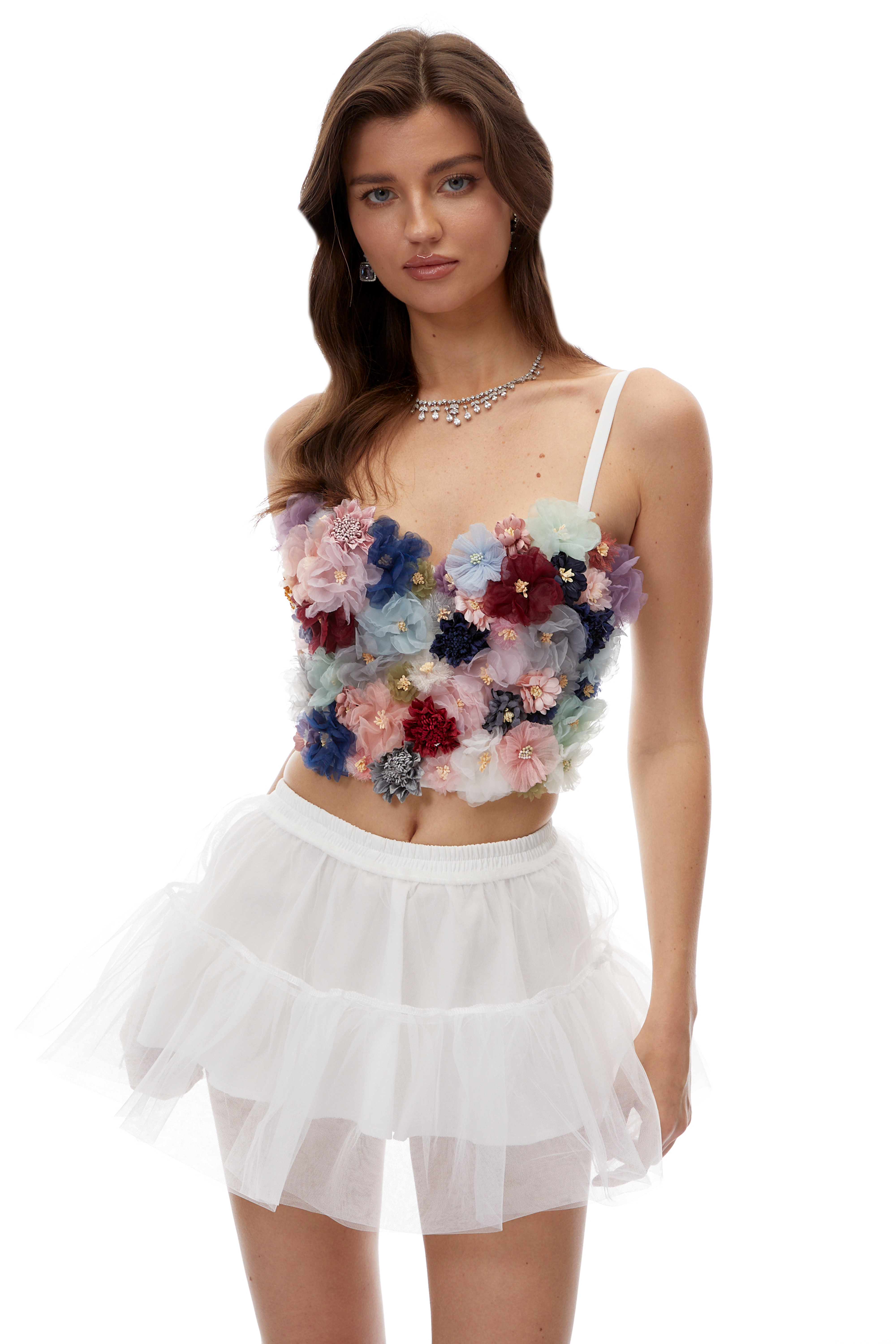 Estrella White Bustier Top with 3D Florals