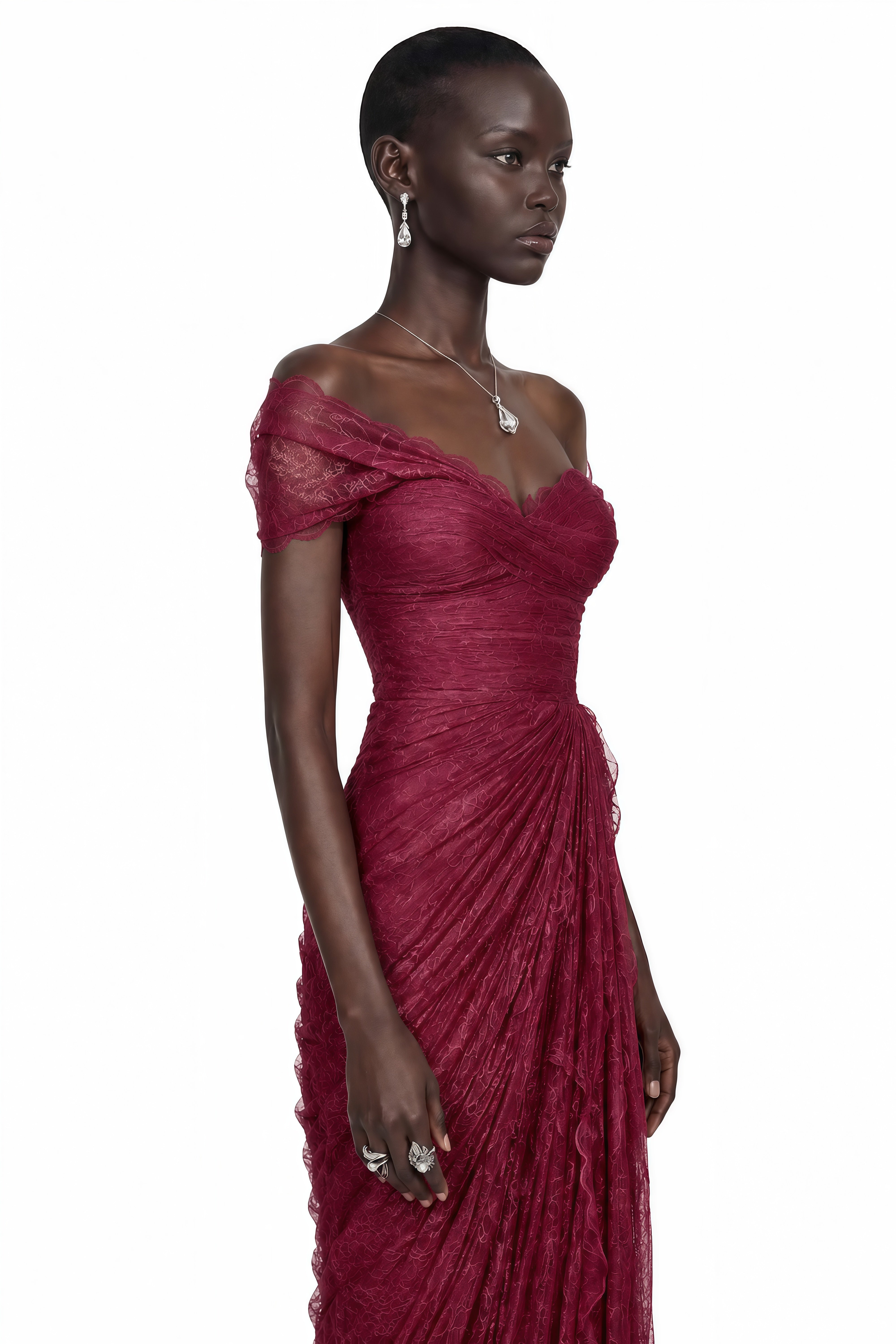 Defne Pink One Shoulder Ruched Lace Maxi Dress