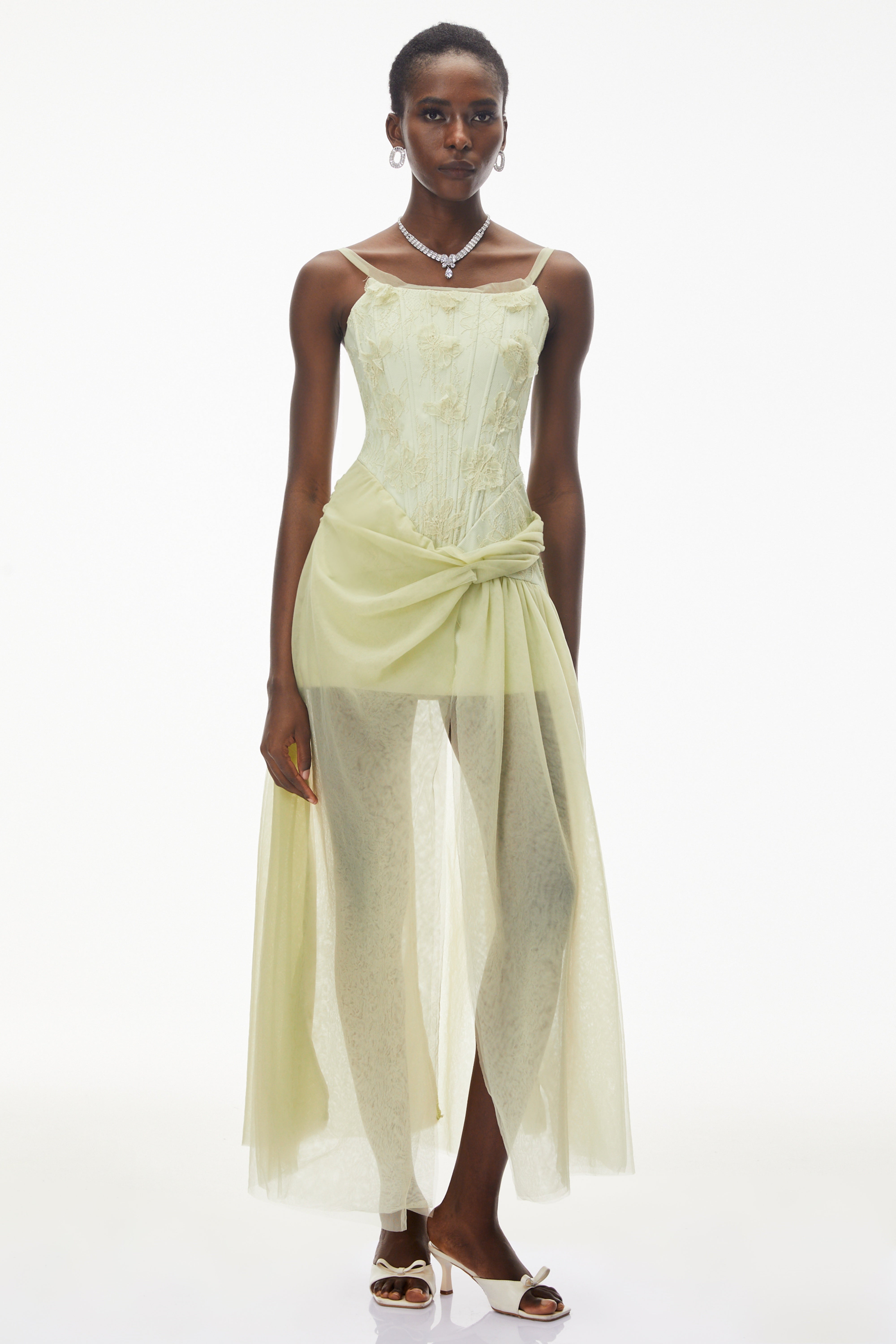 Robe longue froncée vert citron Deirdre avec fente