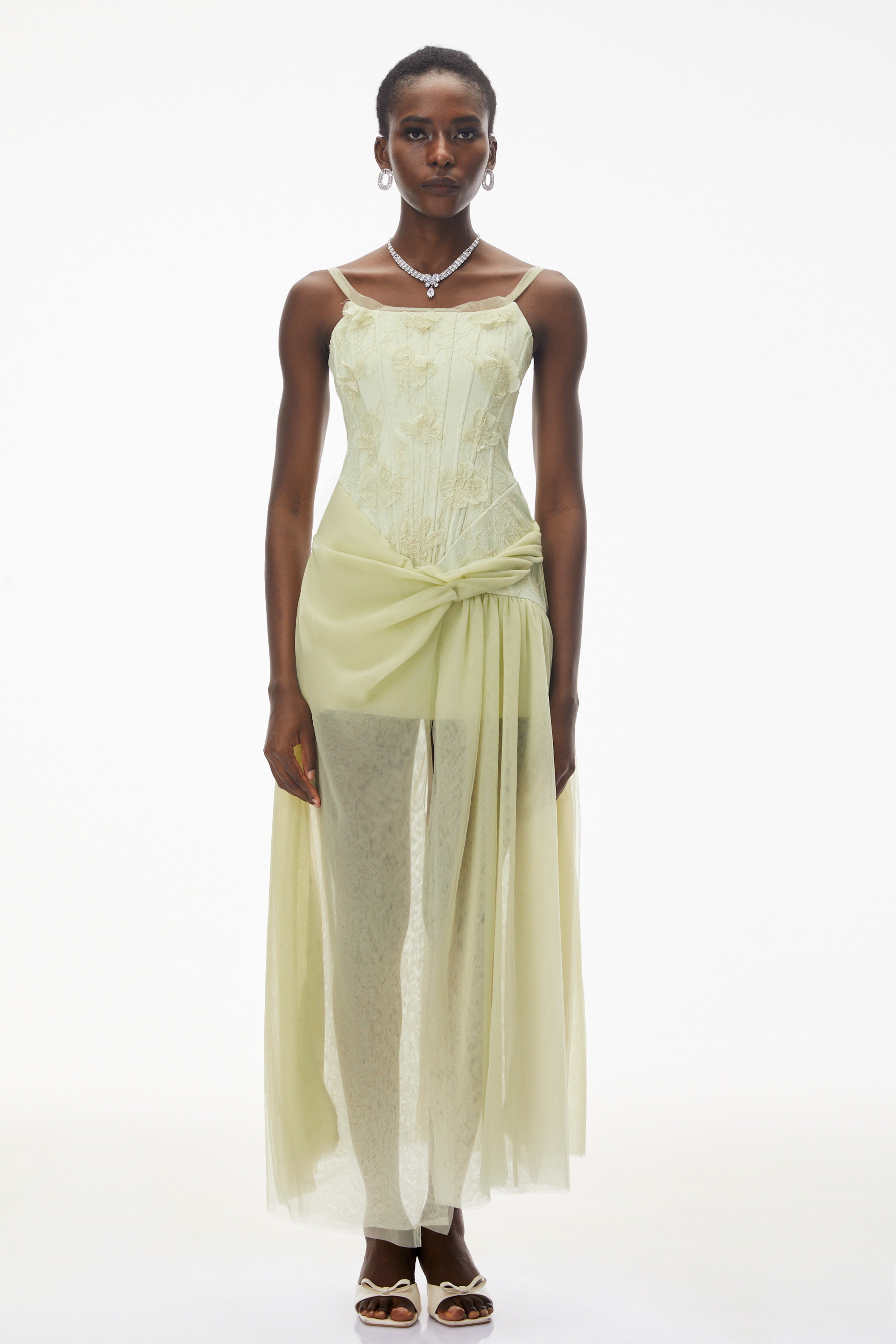 Robe longue froncée vert citron Deirdre avec fente