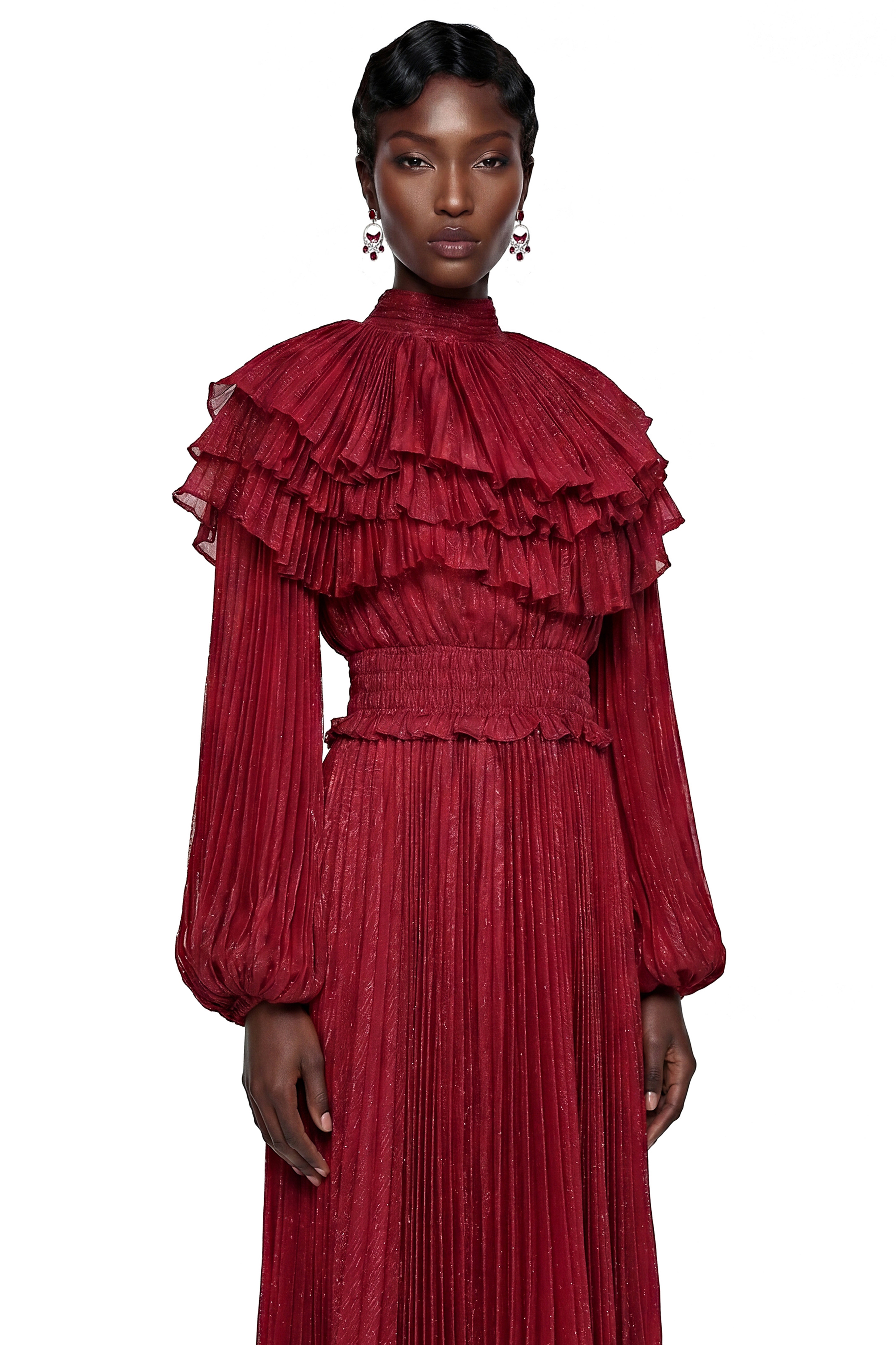 Deirdre Red Pleated Maxi Dress with Tiered Cape Collar