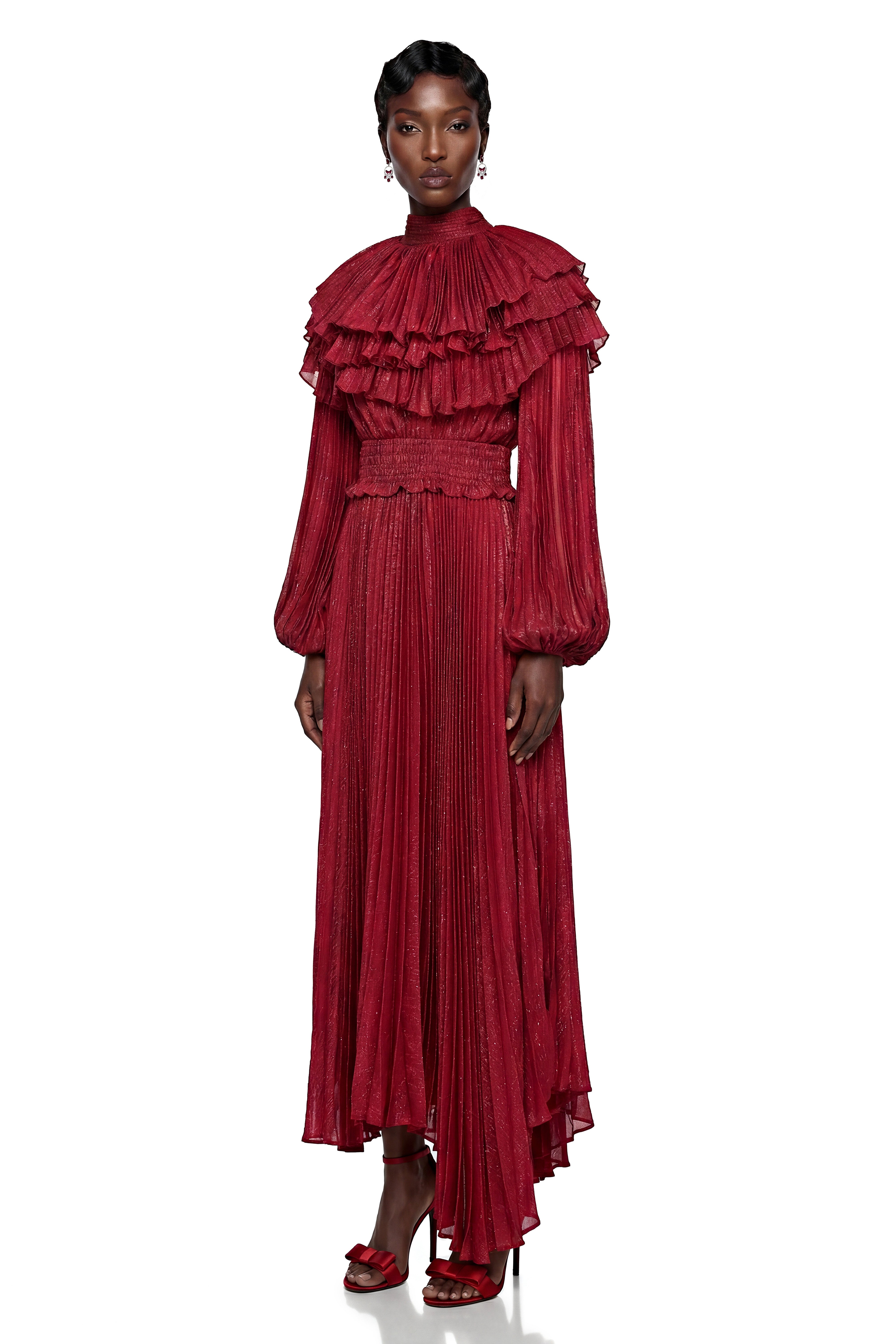 Deirdre Red Pleated Maxi Dress with Tiered Cape Collar