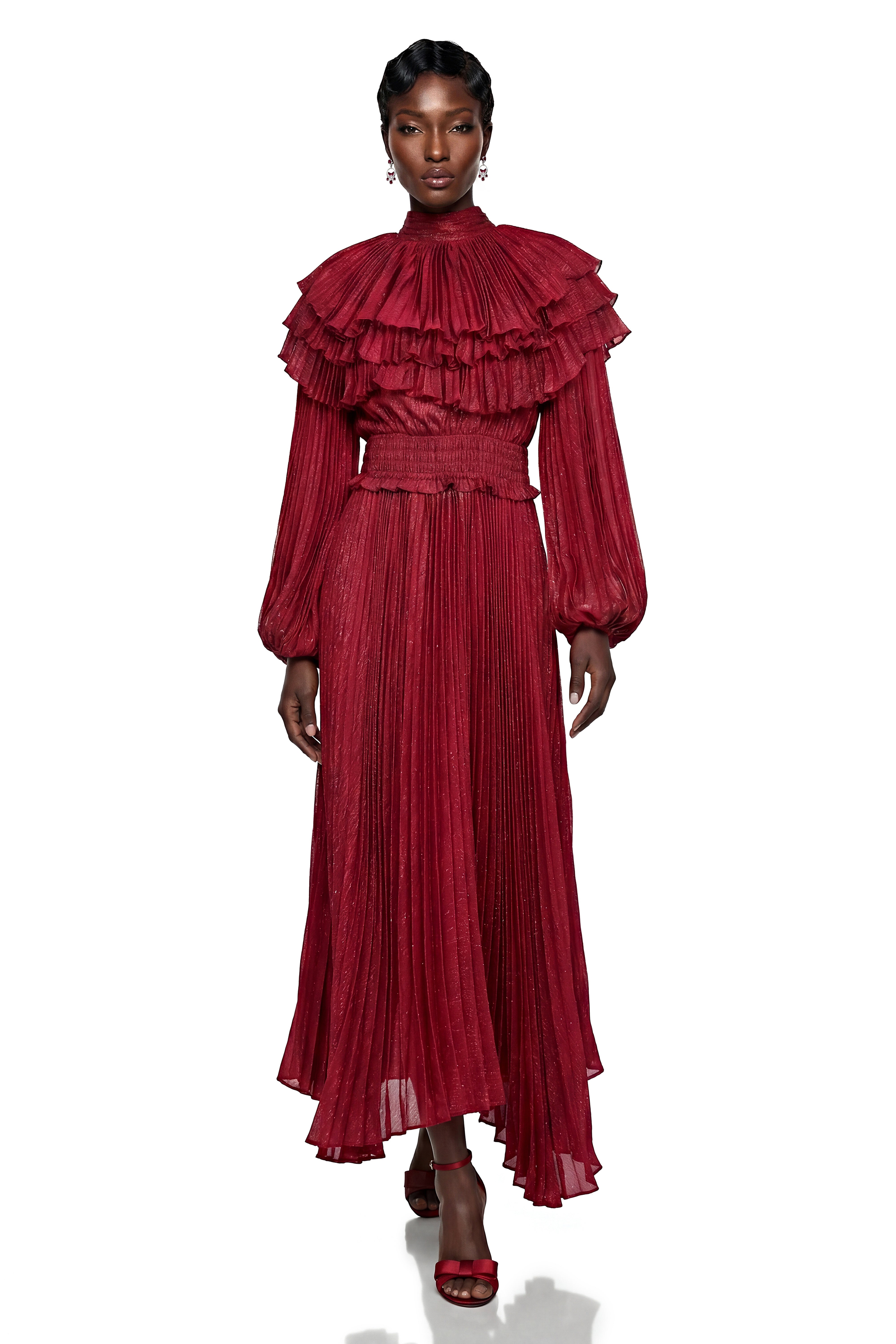 Deirdre Red Pleated Maxi Dress with Tiered Cape Collar