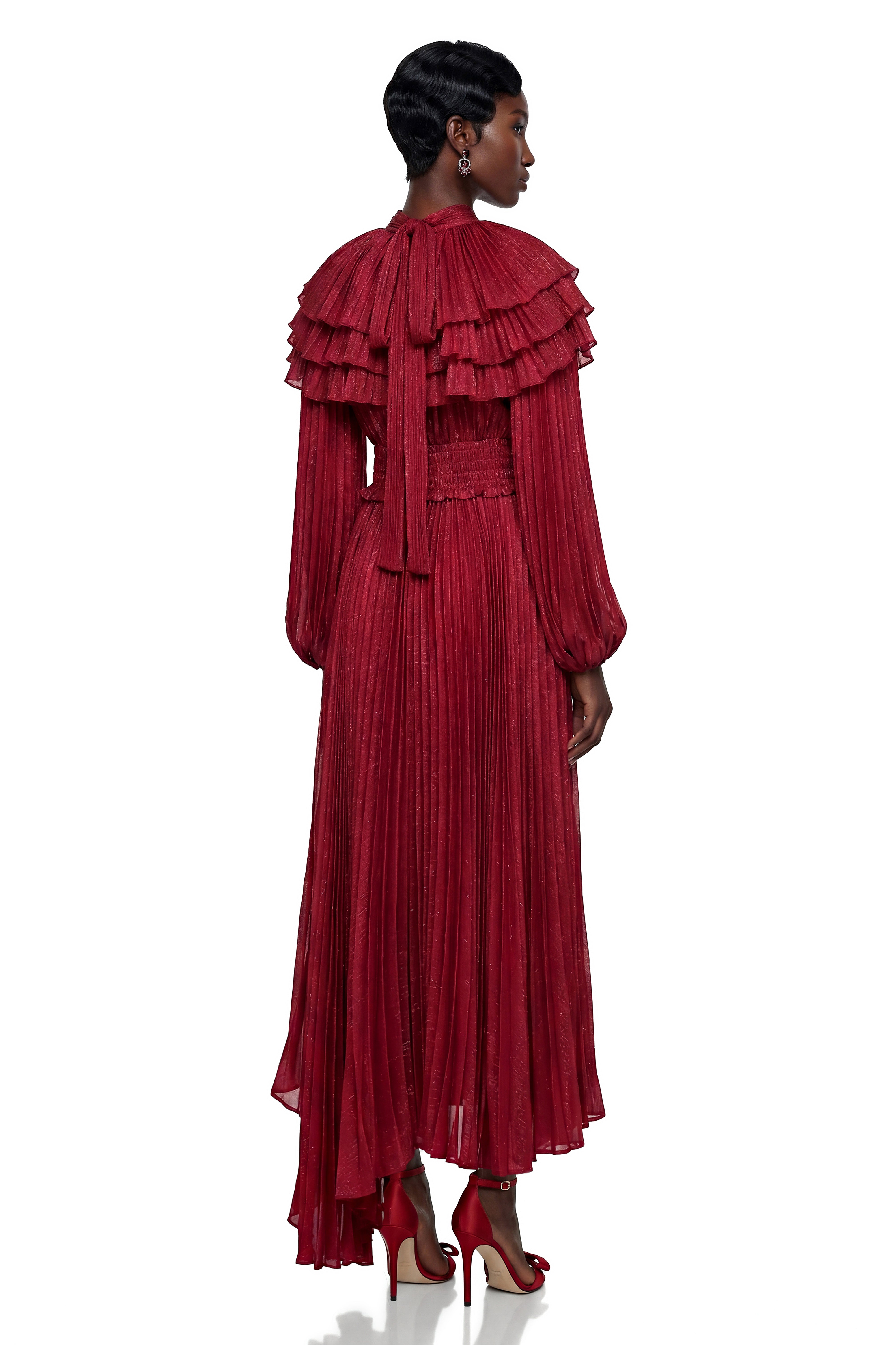 Deirdre Red Pleated Maxi Dress with Tiered Cape Collar