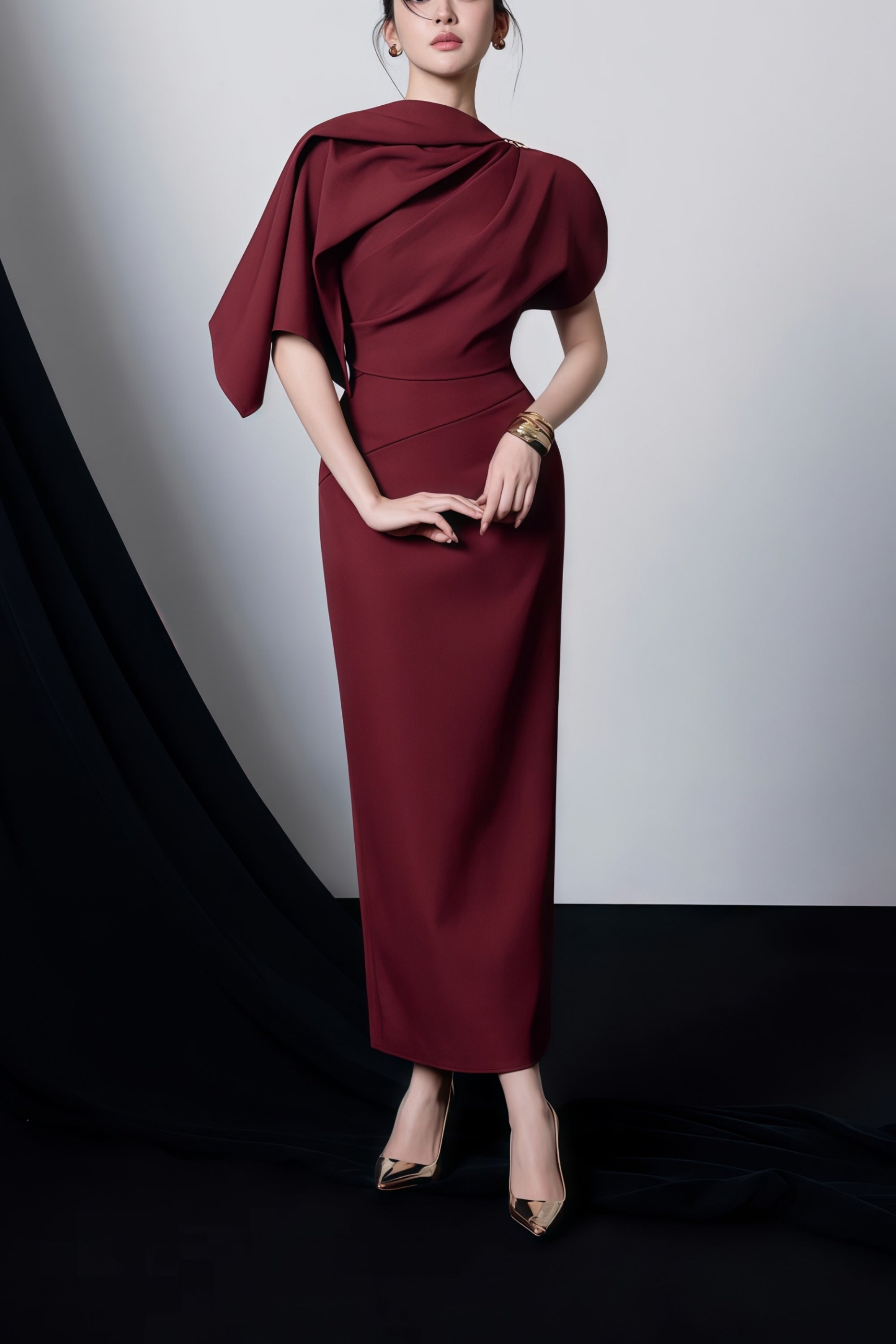 Wren Burgundy Asymmetrical Cape Maxi Dress