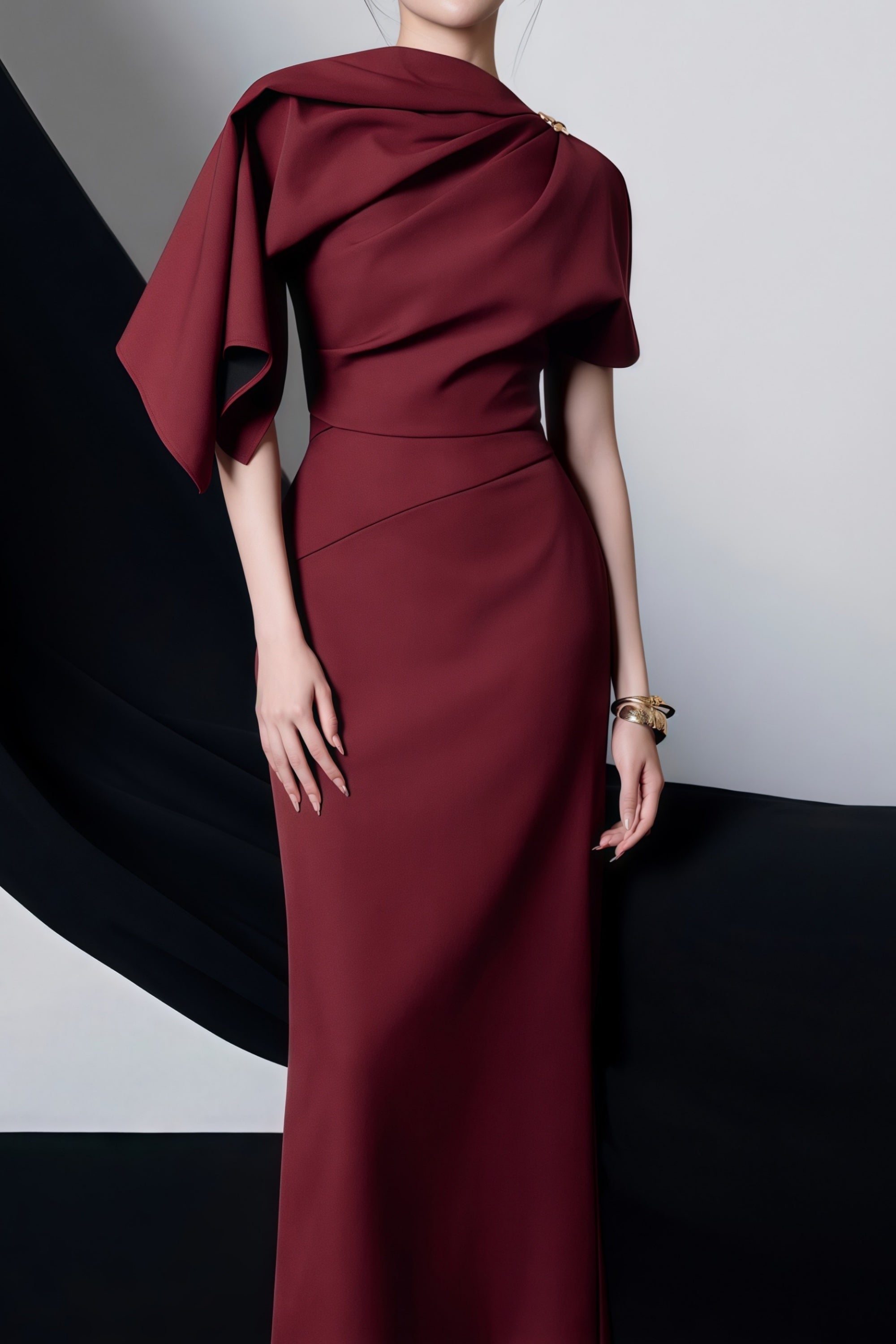 Wren Burgundy Asymmetrical Cape Maxi Dress