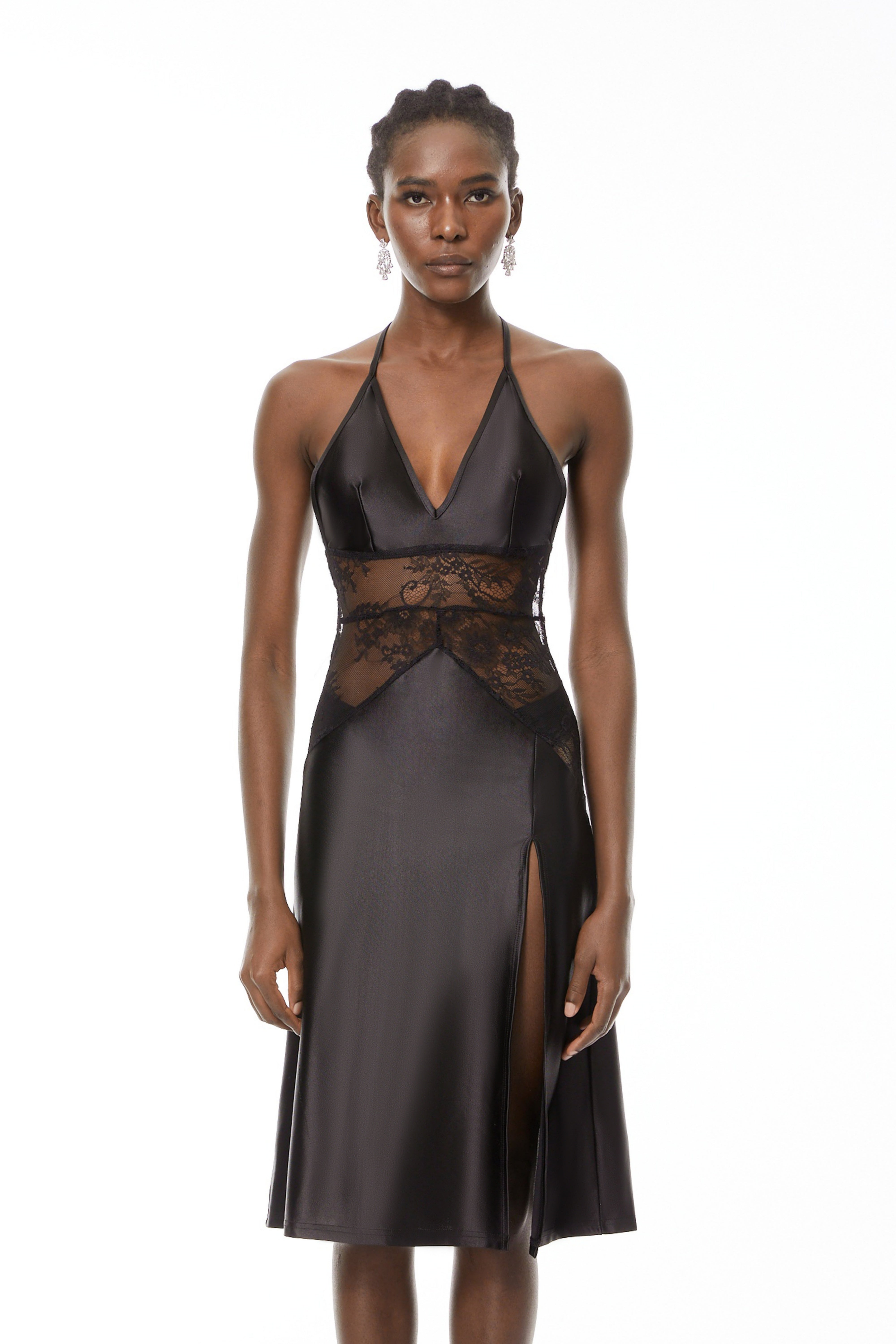 Denisa Black Lace Panel Midi Dress