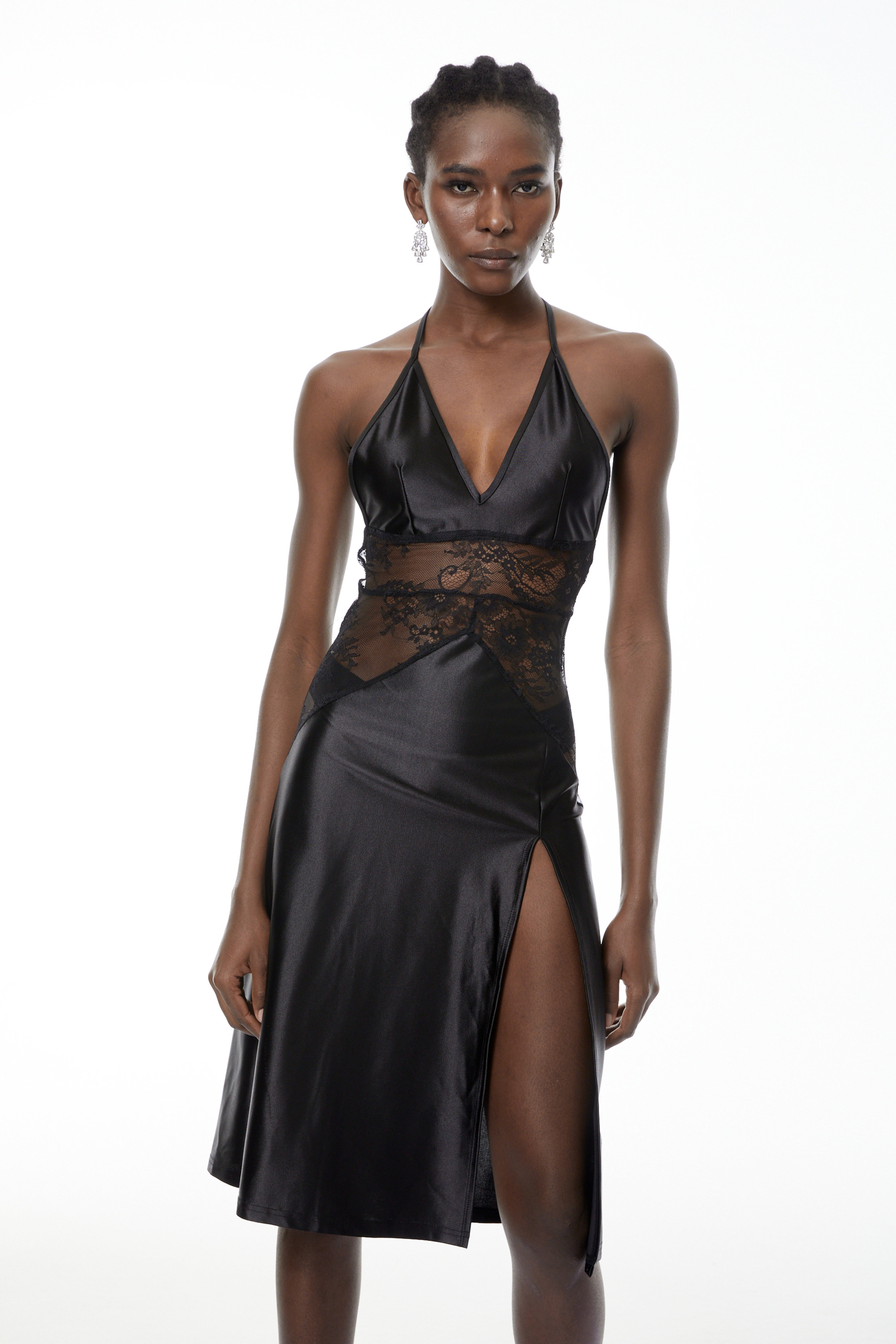 Denisa Black Lace Panel Midi Dress