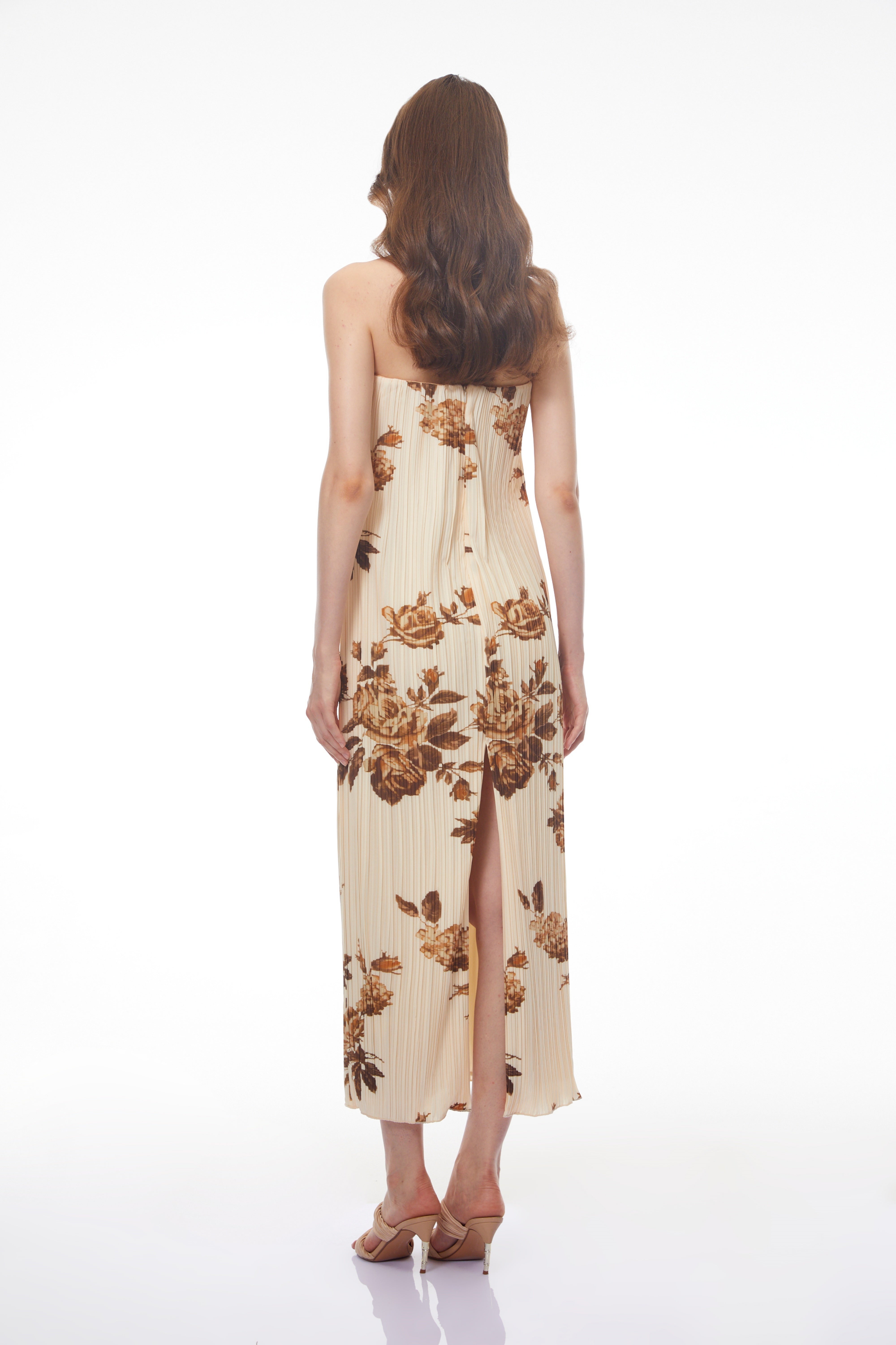 Denise Cream Floral Pleated Midi Dress