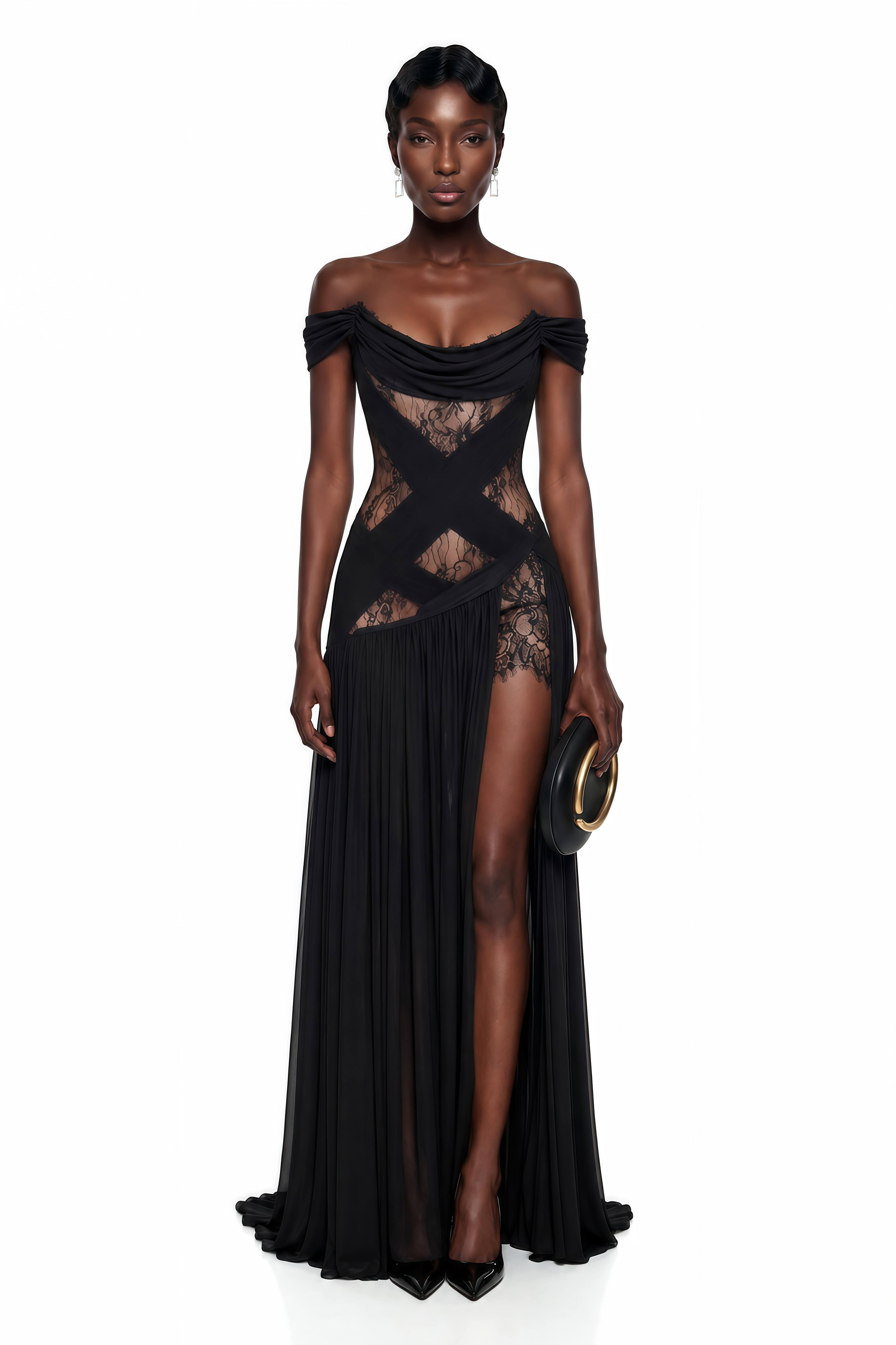 Black off-the-shoulder maxi dress with a criss-cross lace bodice and a high leg slit