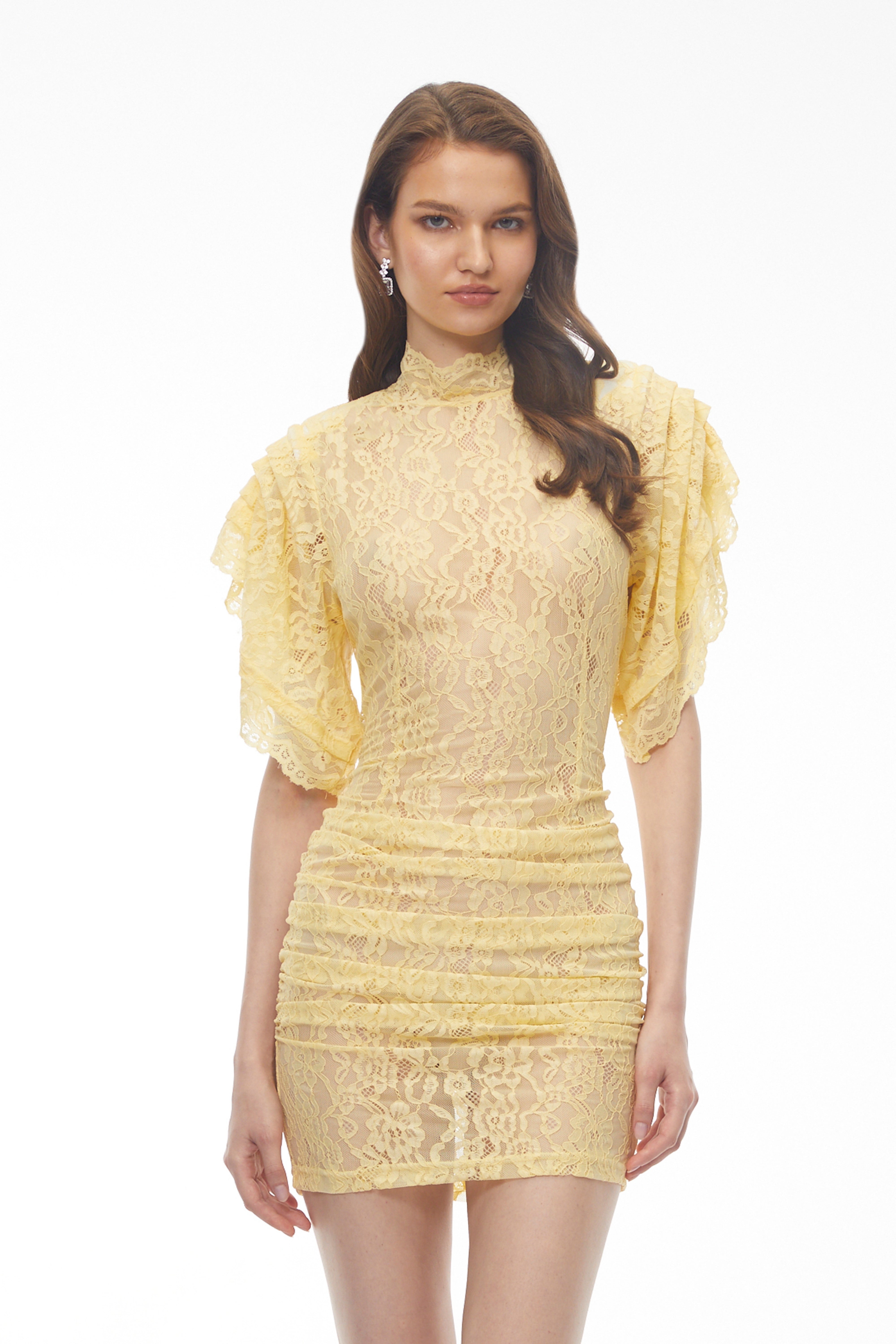 Mini-robe à col montant en dentelle jaune Dionísia