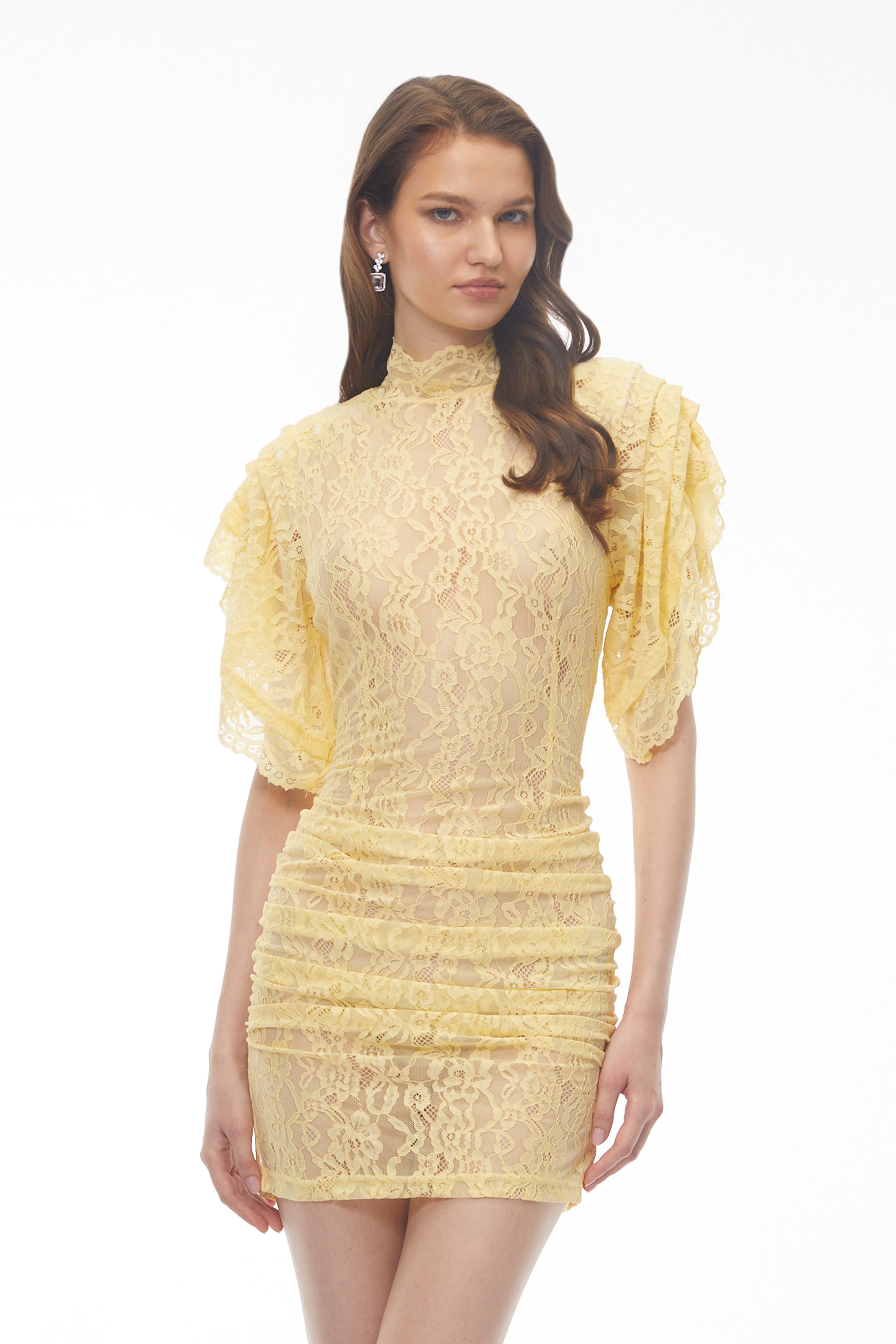 Mini-robe à col montant en dentelle jaune Dionísia
