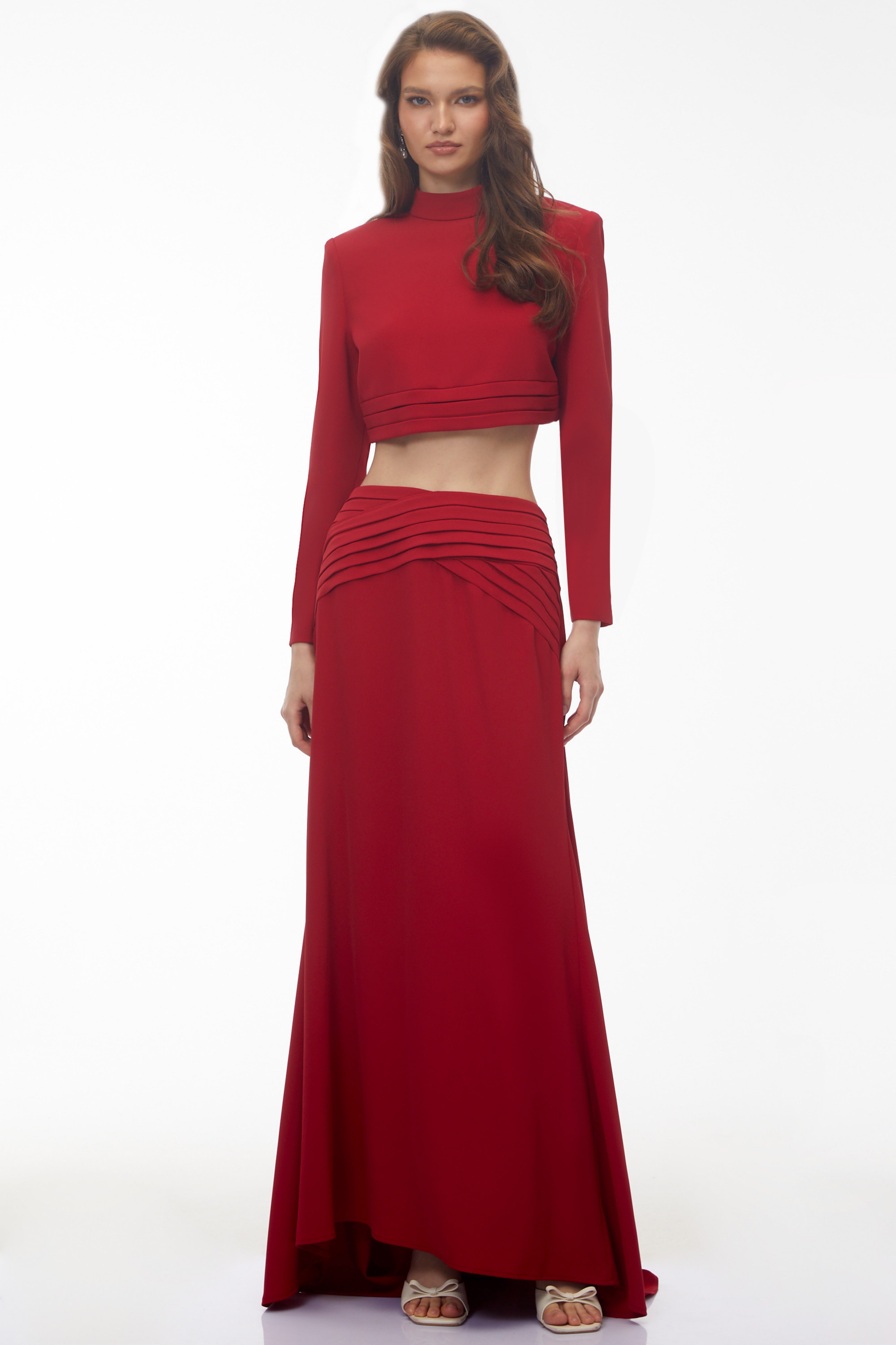 Domenica Red Turtleneck Top & Ruched Skirt Set
