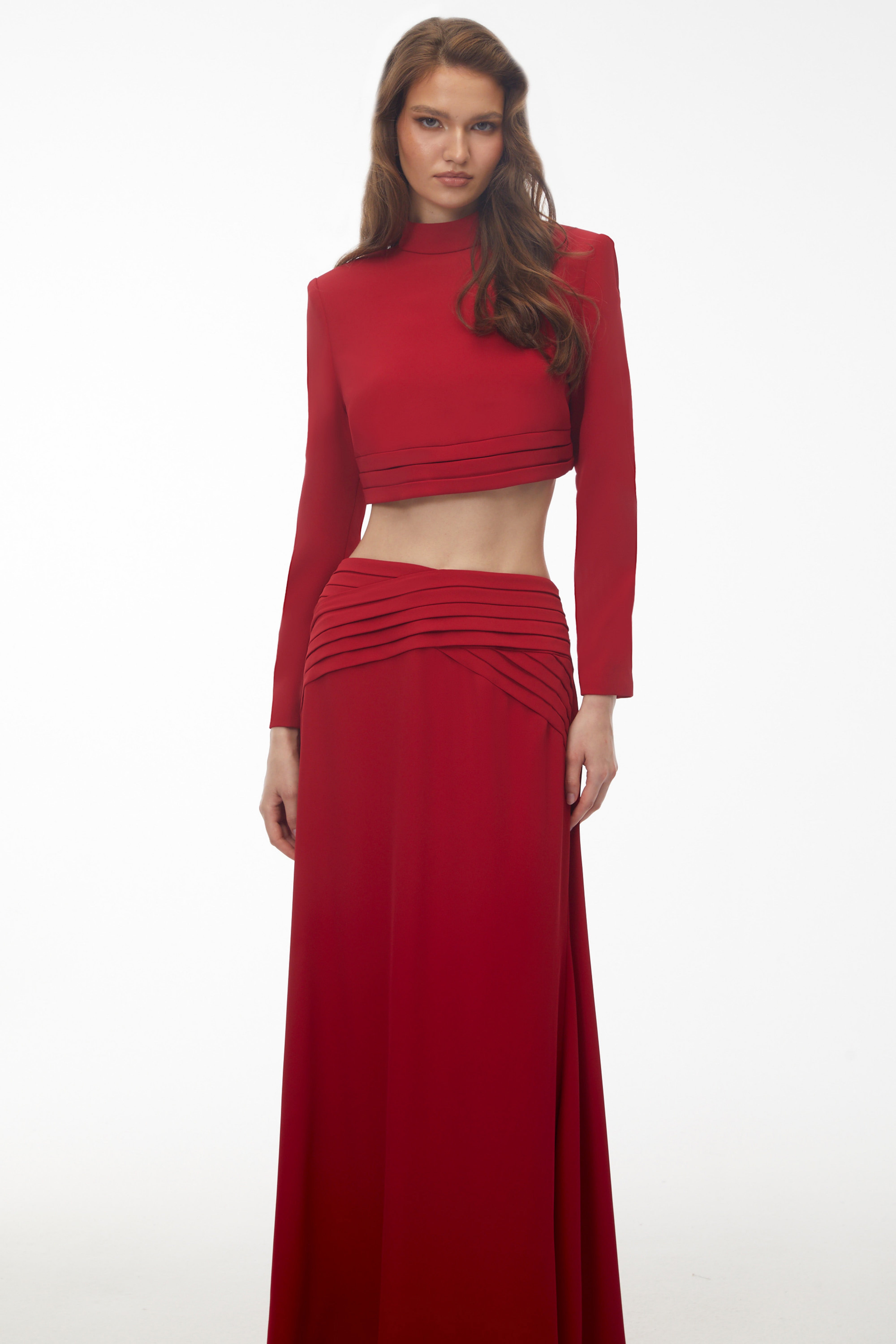 Domenica Red Turtleneck Top & Ruched Skirt Set