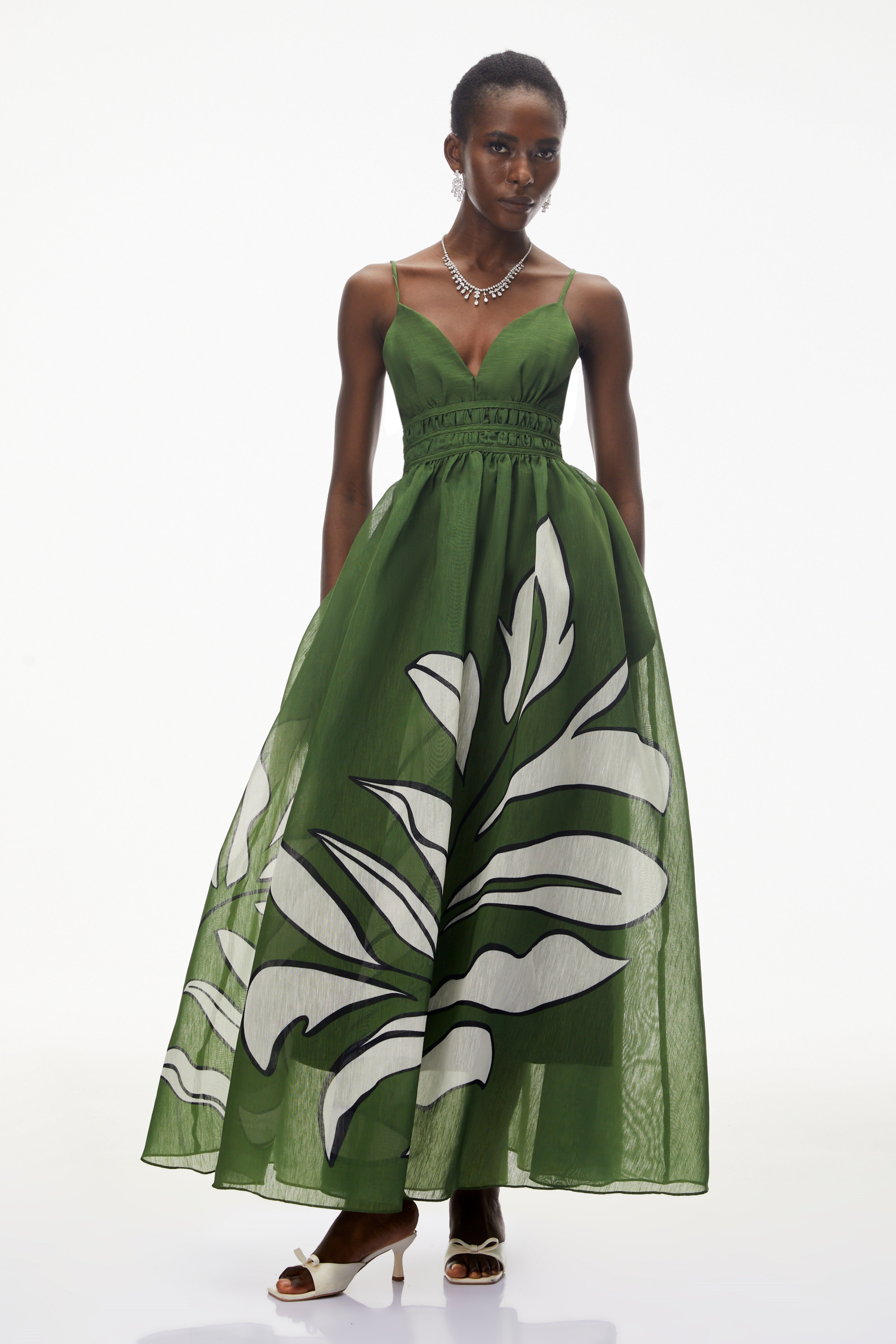 Dryope Emerald Green Plunge Neck Ruched Maxi Dress