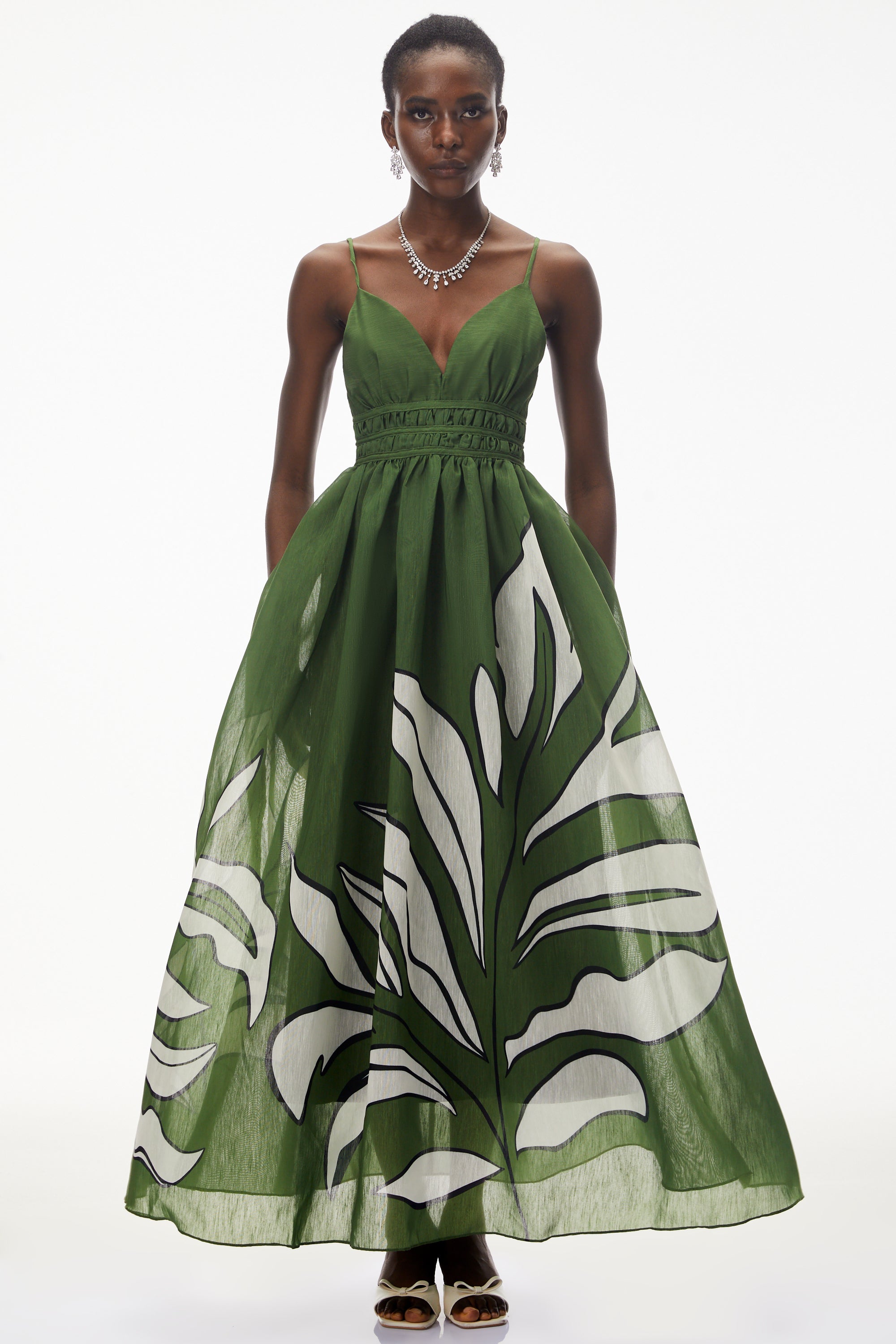 Dryope Emerald Green Plunge Neck Ruched Maxi Dress