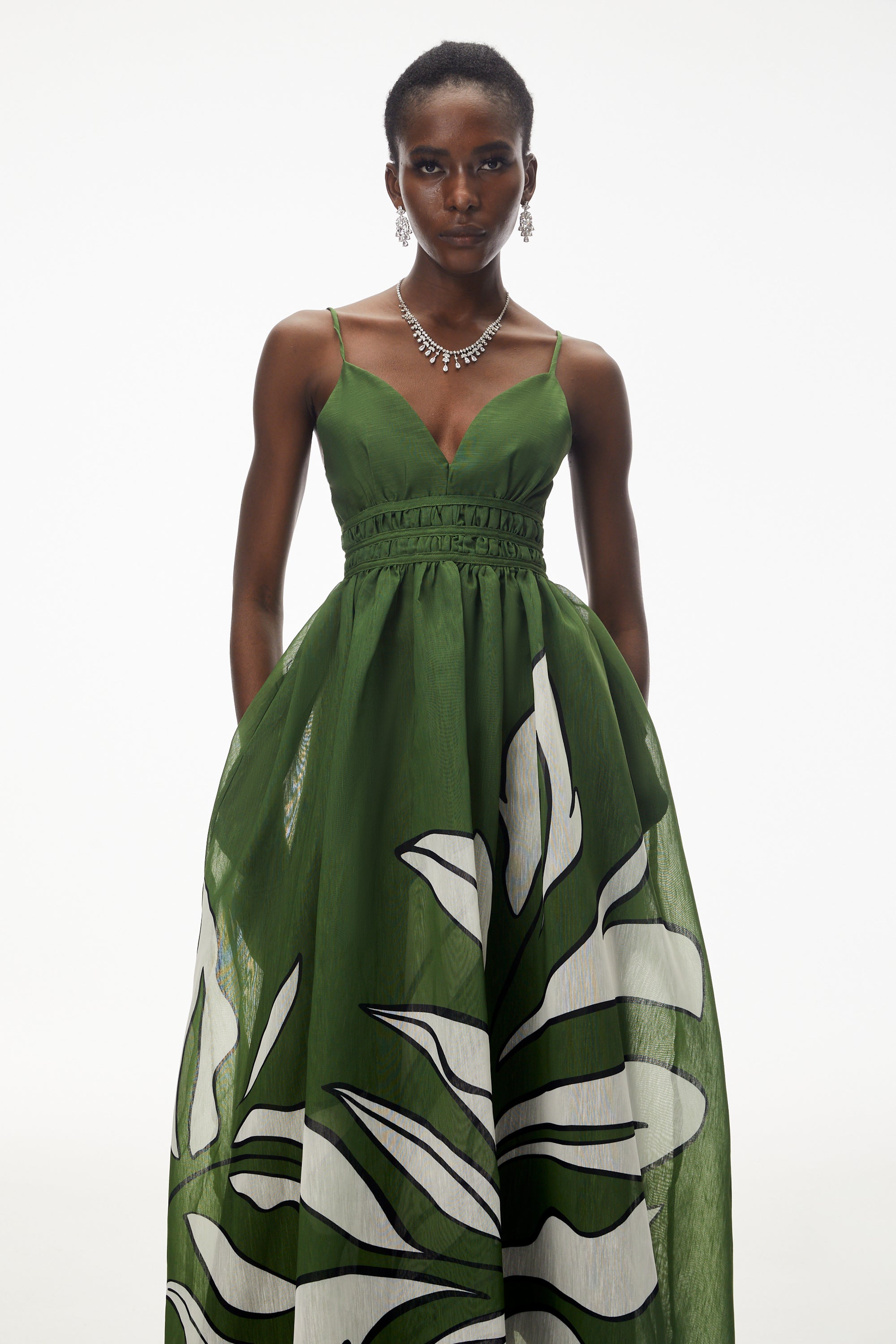 Dryope Emerald Green Plunge Neck Ruched Maxi Dress