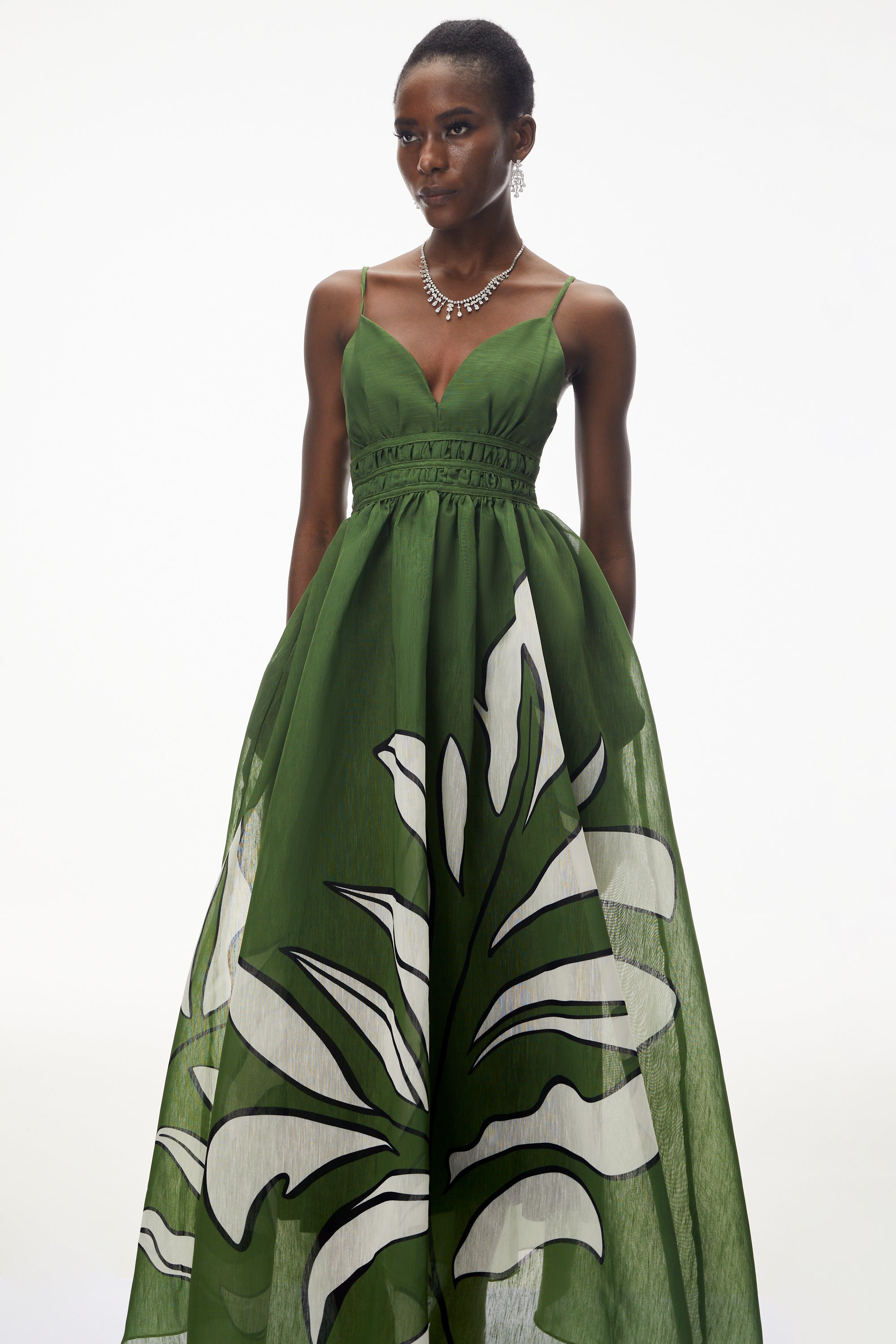 Dryope Emerald Green Plunge Neck Ruched Maxi Dress