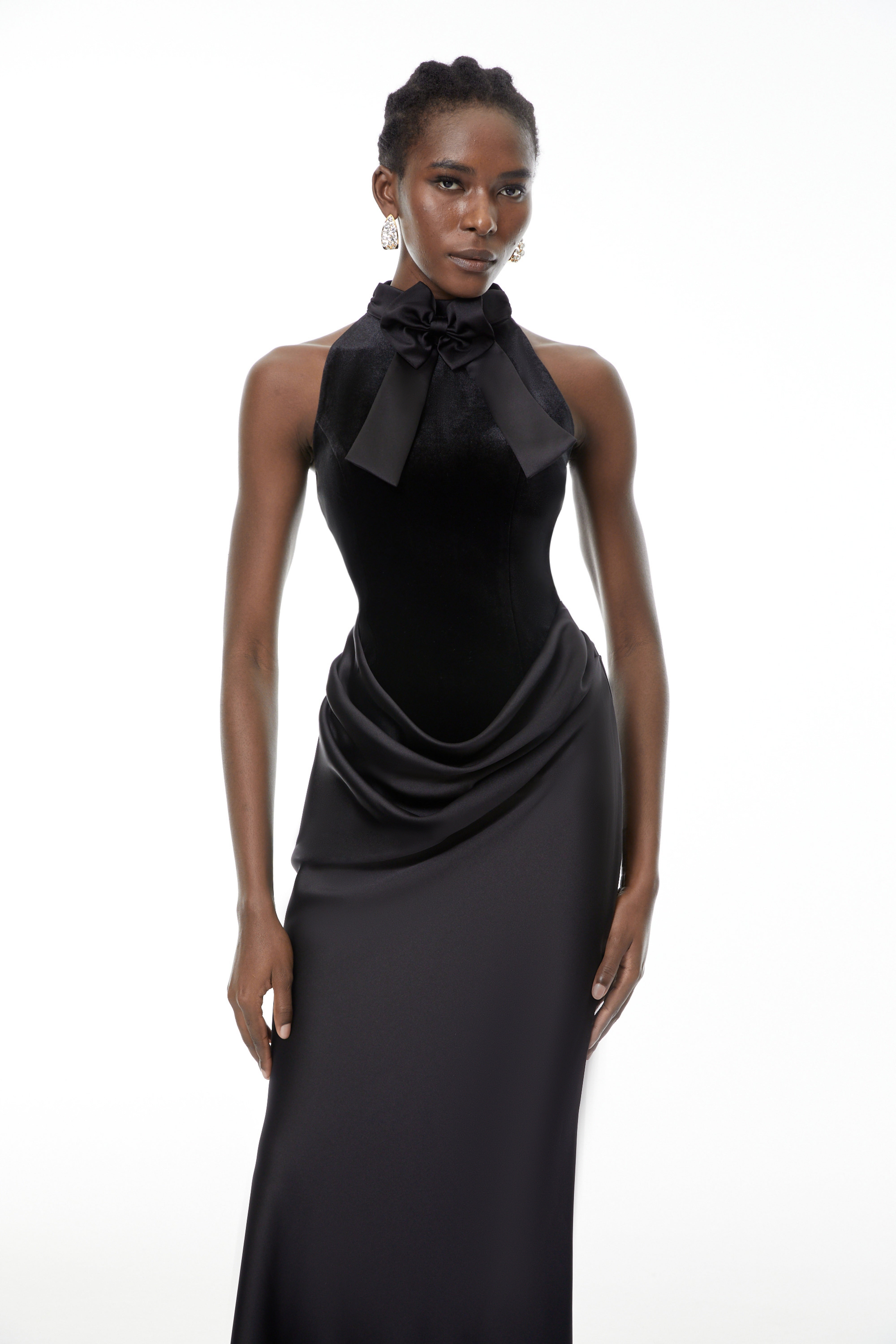 Ecaterina Black Bow Detail Corset Maxi Dress